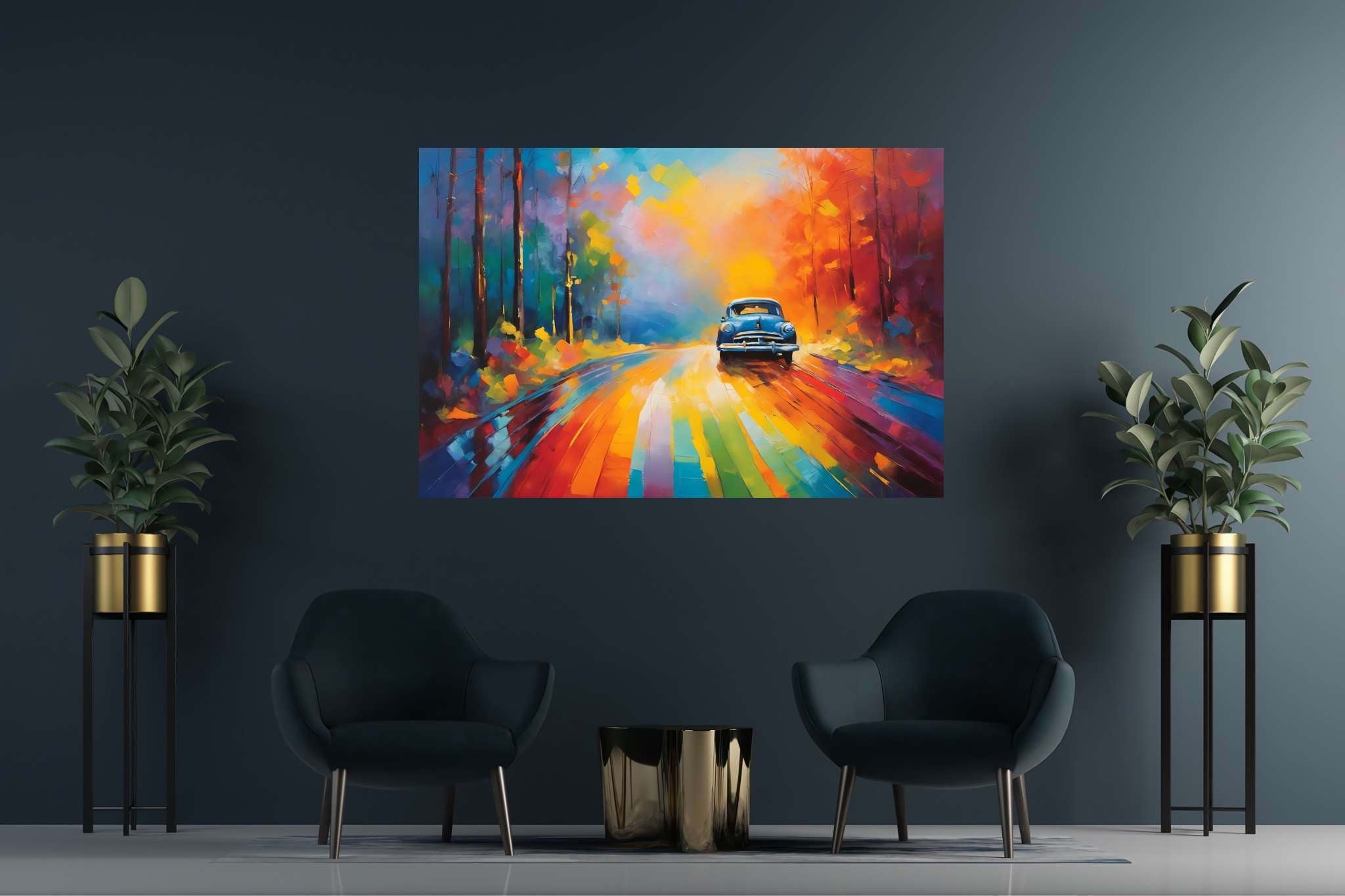 Chromatic odyssey: Vibrant landscape art with vibrant landscape wall art, in a room with contemporary flair, gallery-quality artwork, and trendy home accents. The art can be printed on poster, framed poster, canvas, metal, acrylic or wood, exclusively at WallArtZen. Find this exact print at https://wallartzen.com/waz178