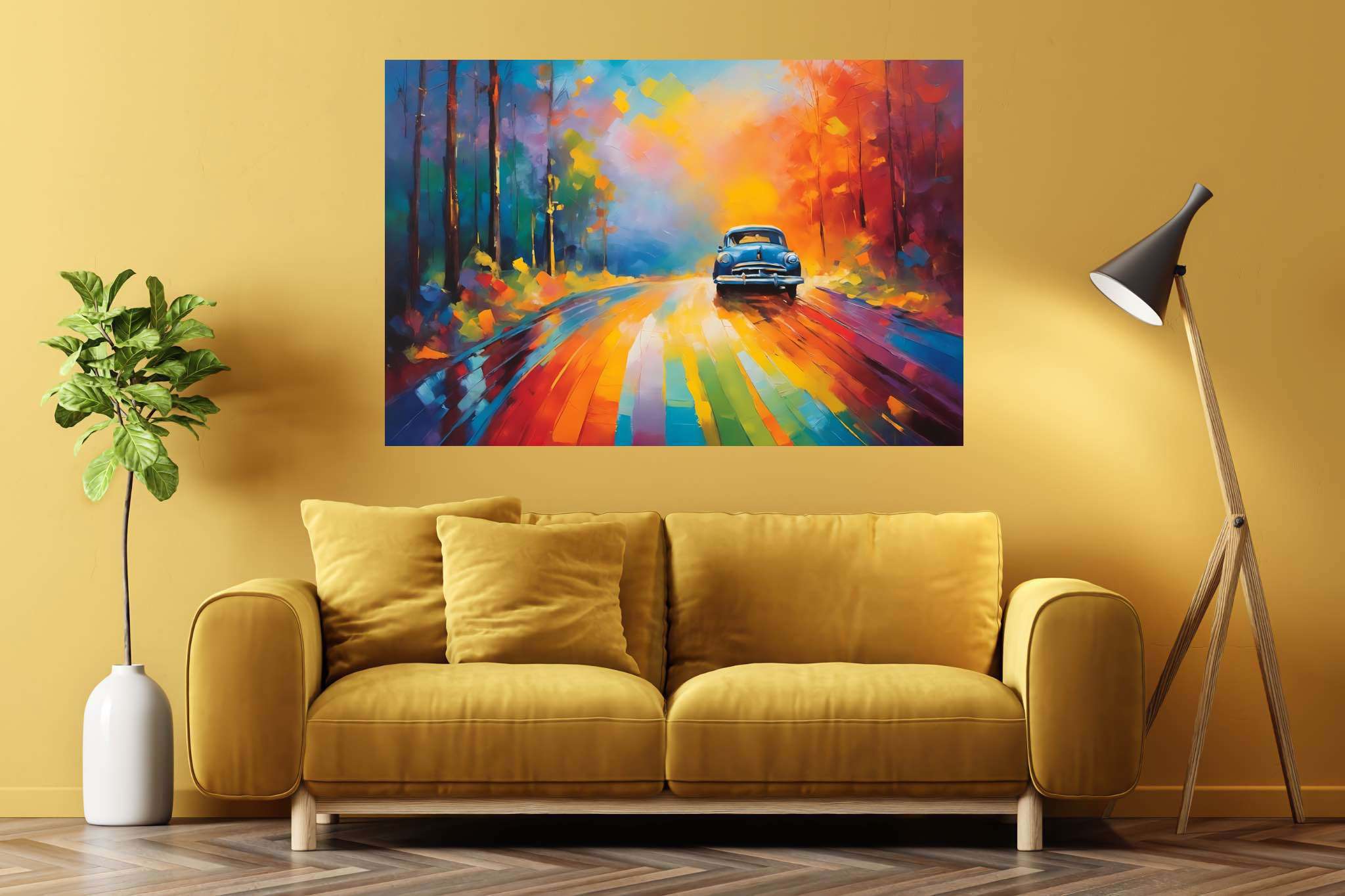 Chromatic odyssey: Vibrant landscape art with vibrant nature artwork, in a room with innovative layout, wall hangings, and stylish accessories. The art can be printed on poster, framed poster, canvas, metal, acrylic or wood, exclusively at WallArtZen. Find this exact print at https://wallartzen.com/waz178