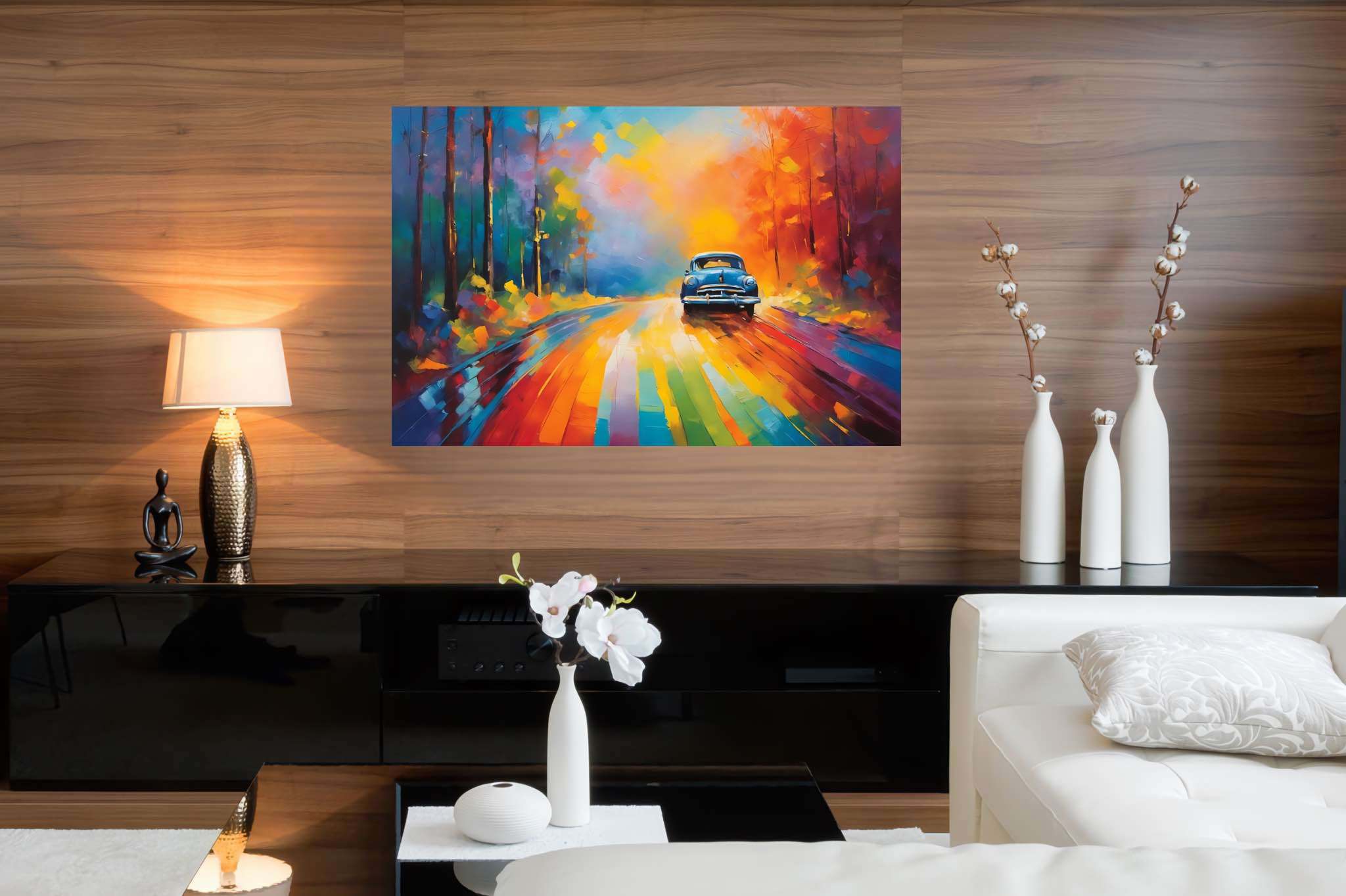 Chromatic odyssey: Vibrant landscape art with colorful landscapes, in a room with contemporary flair, photographic wall art, and trendy home accents. The art can be printed on poster, framed poster, canvas, metal, acrylic or wood, exclusively at WallArtZen. Find this exact print at https://wallartzen.com/waz178