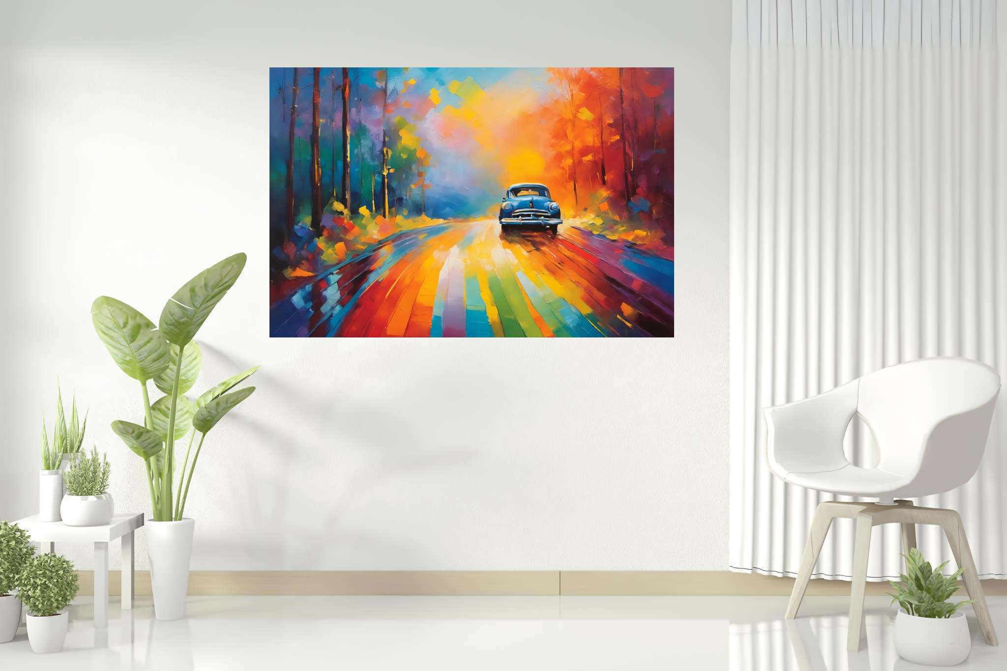 Chromatic odyssey: Vibrant landscape art with picturesque landscapes, in a room with elegant layout, wall art, and home furnishings. The art can be printed on poster, framed poster, canvas, metal, acrylic or wood, exclusively at WallArtZen. Find this exact print at https://wallartzen.com/waz178