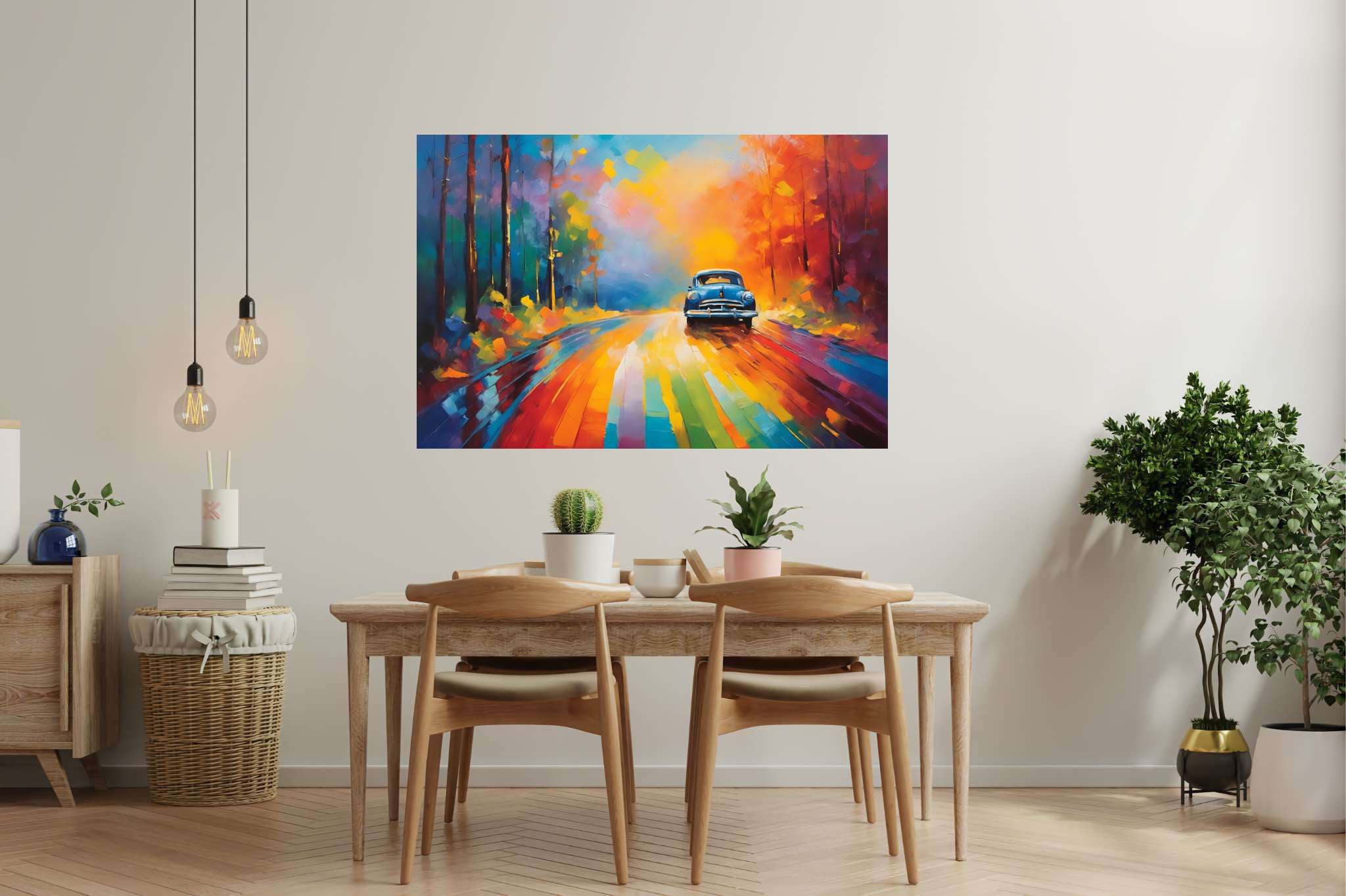 Chromatic odyssey: Vibrant landscape art with dynamic landscape art, in a room with artistic style, photographic wall art, and home furnishings. The art can be printed on poster, framed poster, canvas, metal, acrylic or wood, exclusively at WallArtZen. Find this exact print at https://wallartzen.com/waz178