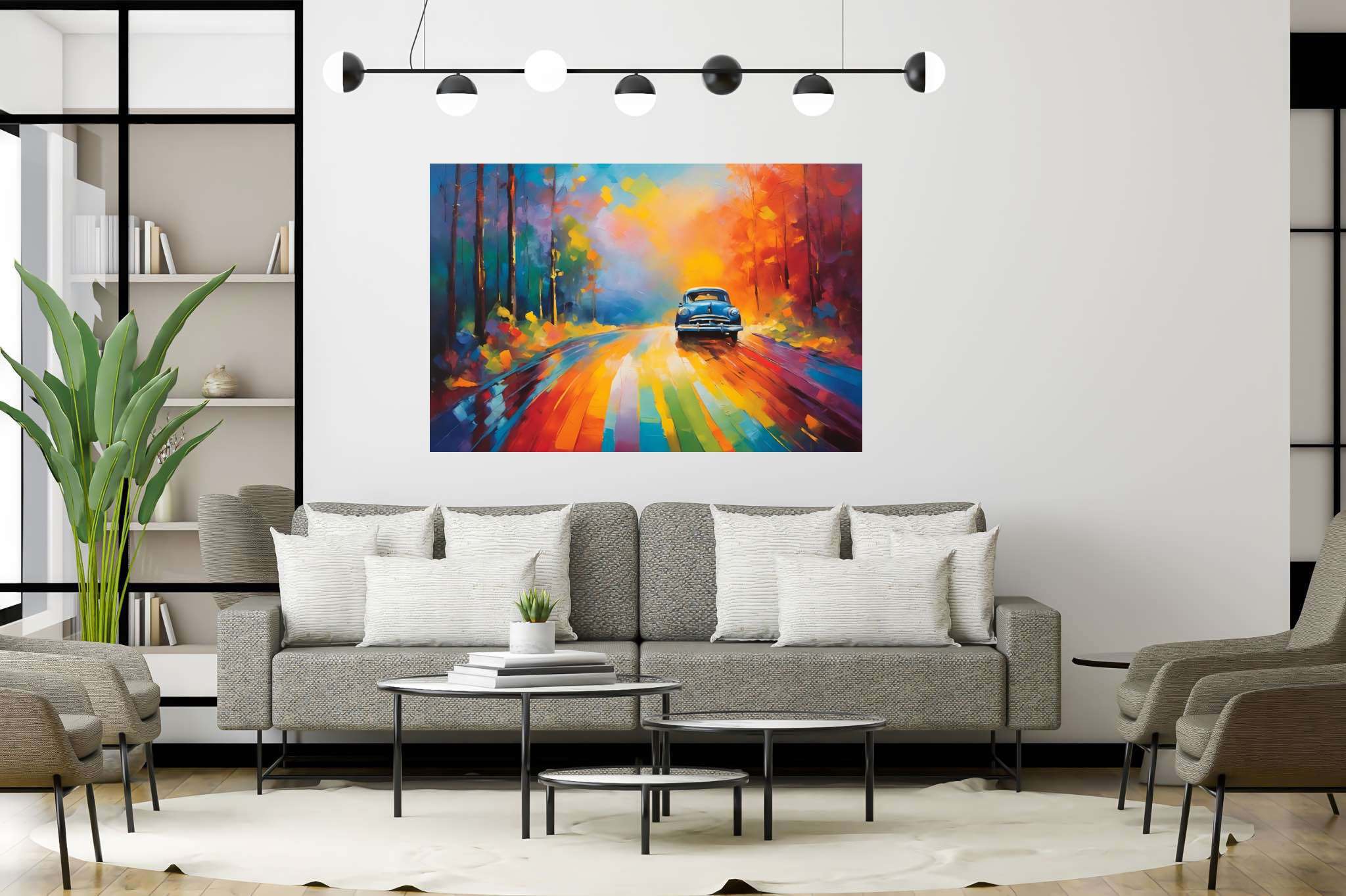 Chromatic odyssey: Vibrant landscape art with vibrant landscape prints, in a room with urban design, wall hangings, and trendy home accents. The art can be printed on poster, framed poster, canvas, metal, acrylic or wood, exclusively at WallArtZen. Find this exact print at https://wallartzen.com/waz178