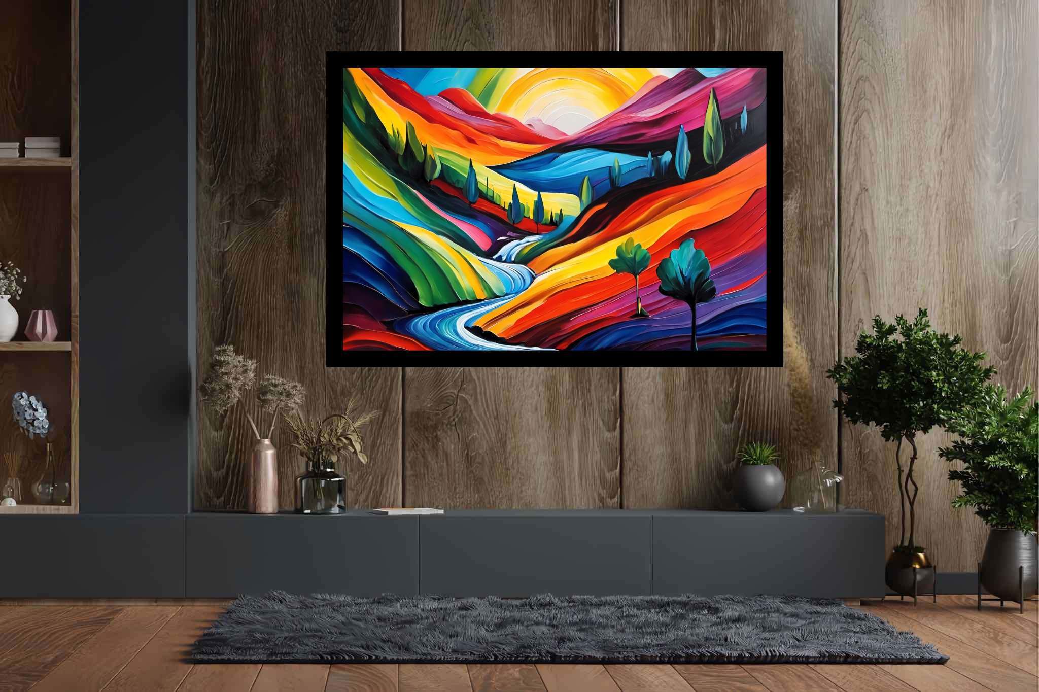 Sunset serenade on canvas: Landscape art with landscape art, in a room with elegant layout, mural artworks, and home furnishings. The art can be printed on poster, framed poster, canvas, metal, acrylic or wood, exclusively at WallArtZen. Find this exact print at https://wallartzen.com/waz179