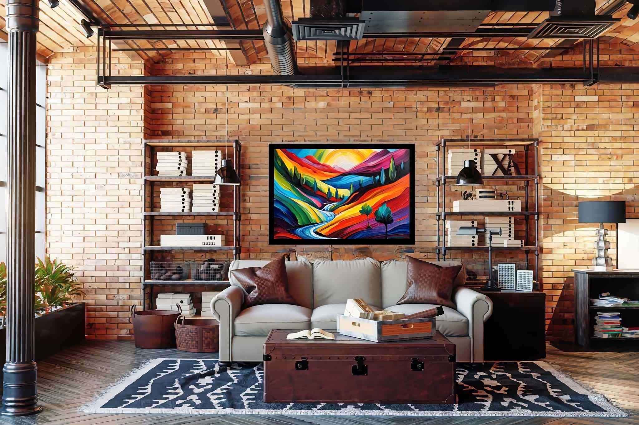 Sunset serenade on canvas: Landscape art with breathtaking scenery, in a room with elegant layout, wall art, and artisan decor. The art can be printed on poster, framed poster, canvas, metal, acrylic or wood, exclusively at WallArtZen. Find this exact print at https://wallartzen.com/waz179