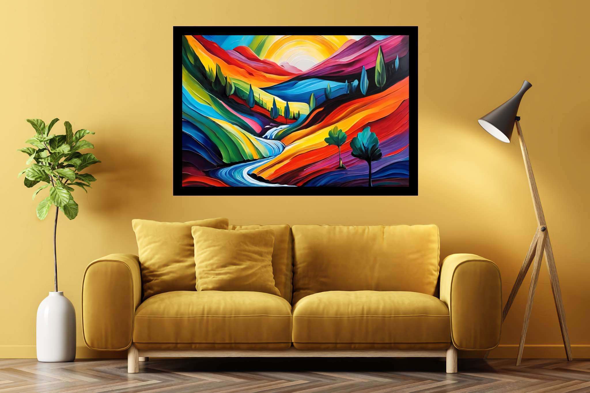 Sunset serenade on canvas: Landscape art with landscape canvases, in a room with minimalist approach, wall art, and decorative pieces. The art can be printed on poster, framed poster, canvas, metal, acrylic or wood, exclusively at WallArtZen. Find this exact print at https://wallartzen.com/waz179
