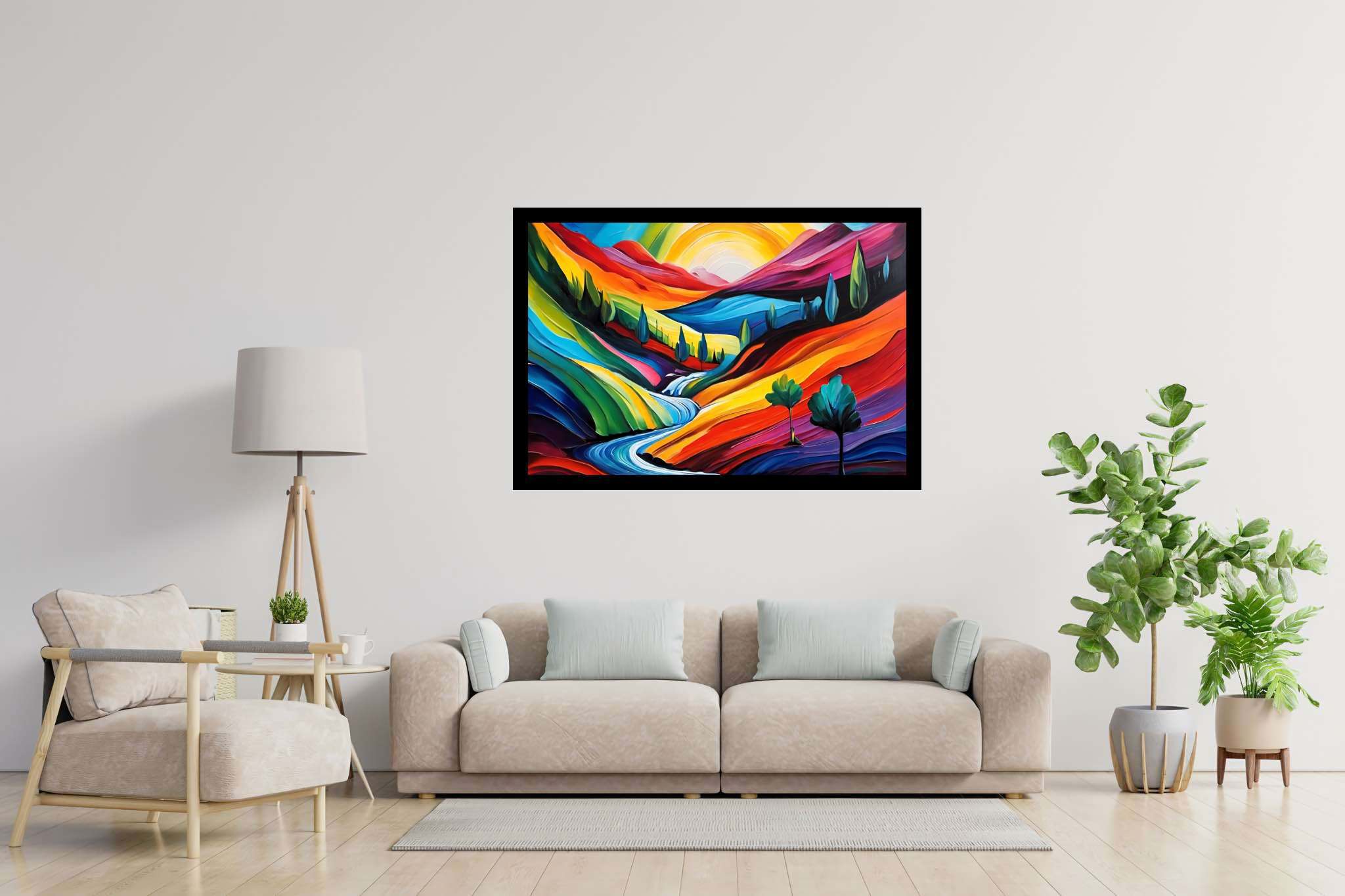 Sunset serenade on canvas: Landscape art with landscape illustration, in a room with great design, gallery-quality artwork, and stylish accessories. The art can be printed on poster, framed poster, canvas, metal, acrylic or wood, exclusively at WallArtZen. Find this exact print at https://wallartzen.com/waz179