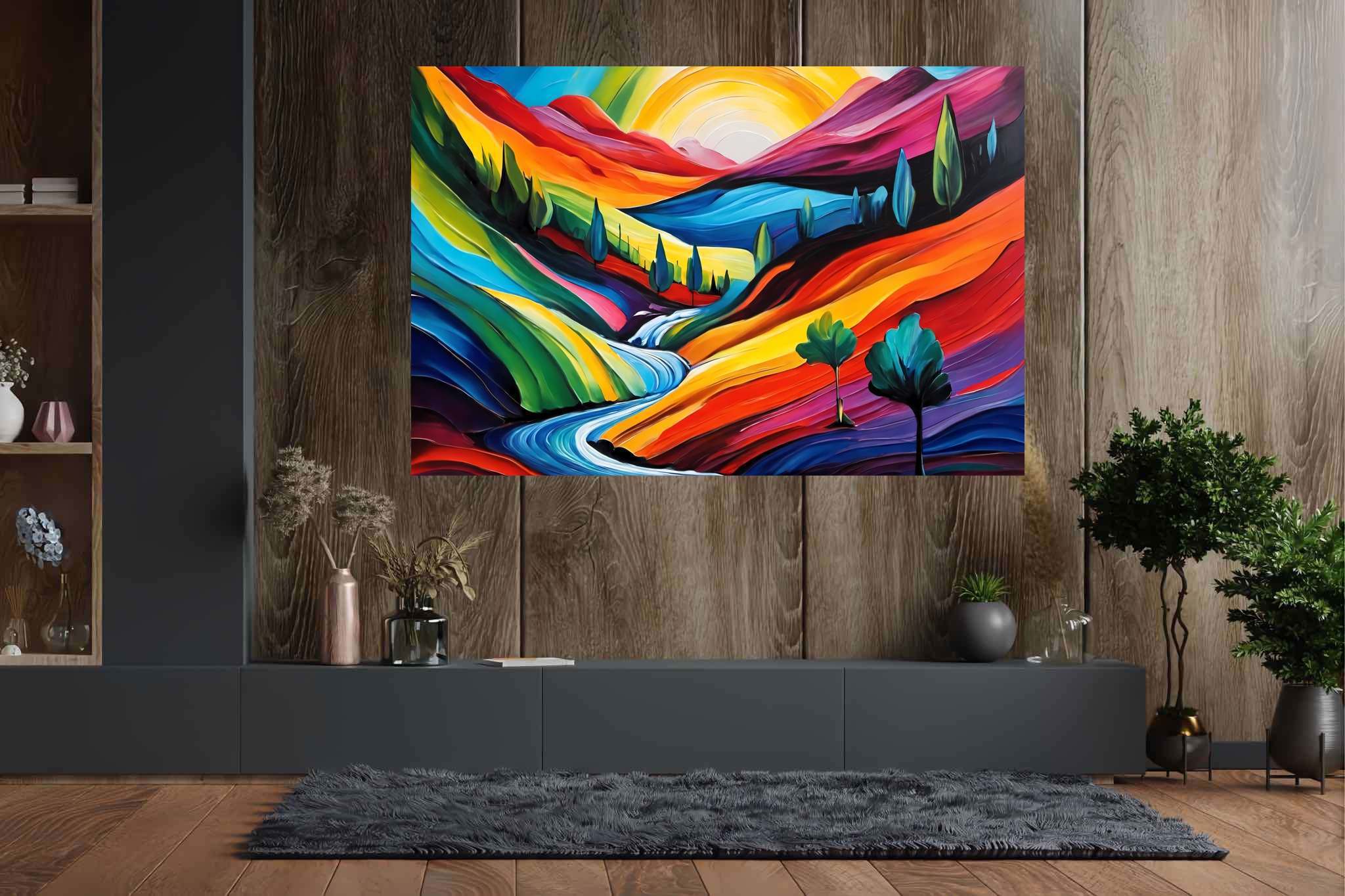 Sunset serenade on canvas: Landscape art with landscape sketches, in a room with great design, wall hangings, and elegant home goods. The art can be printed on poster, framed poster, canvas, metal, acrylic or wood, exclusively at WallArtZen. Find this exact print at https://wallartzen.com/waz179