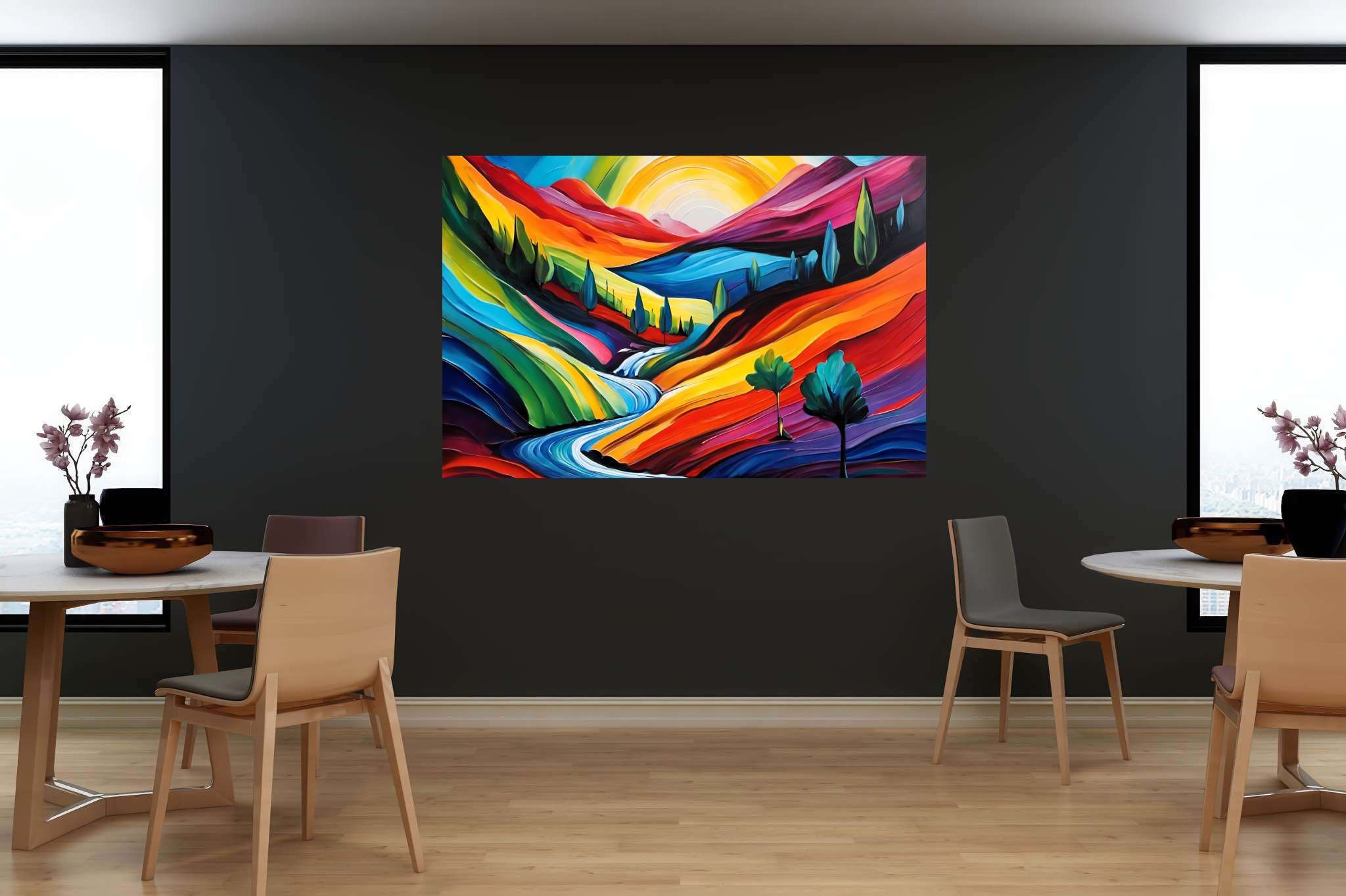 Sunset serenade on canvas: Landscape art with landscape canvases, in a room with chic decor, wall art, and decorative pieces. The art can be printed on poster, framed poster, canvas, metal, acrylic or wood, exclusively at WallArtZen. Find this exact print at https://wallartzen.com/waz179