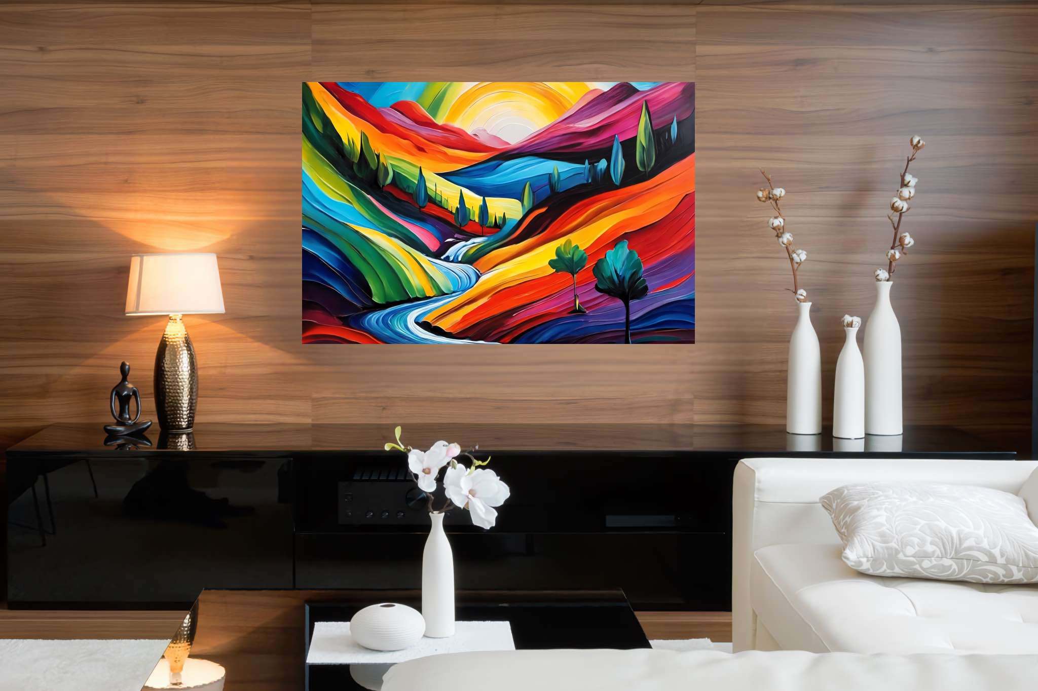 Sunset serenade on canvas: Landscape art with outdoor landscapes, in a room with minimalist approach, abstract paintings, and home styling items. The art can be printed on poster, framed poster, canvas, metal, acrylic or wood, exclusively at WallArtZen. Find this exact print at https://wallartzen.com/waz179