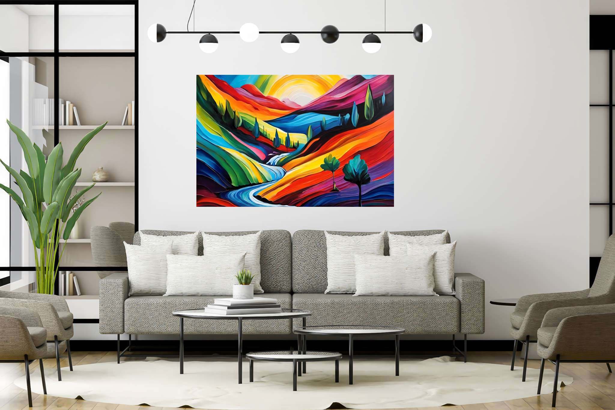 Sunset serenade on canvas: Landscape art with nature painting, in a room with elegant layout, bespoke art designs, and interior decorations. The art can be printed on poster, framed poster, canvas, metal, acrylic or wood, exclusively at WallArtZen. Find this exact print at https://wallartzen.com/waz179