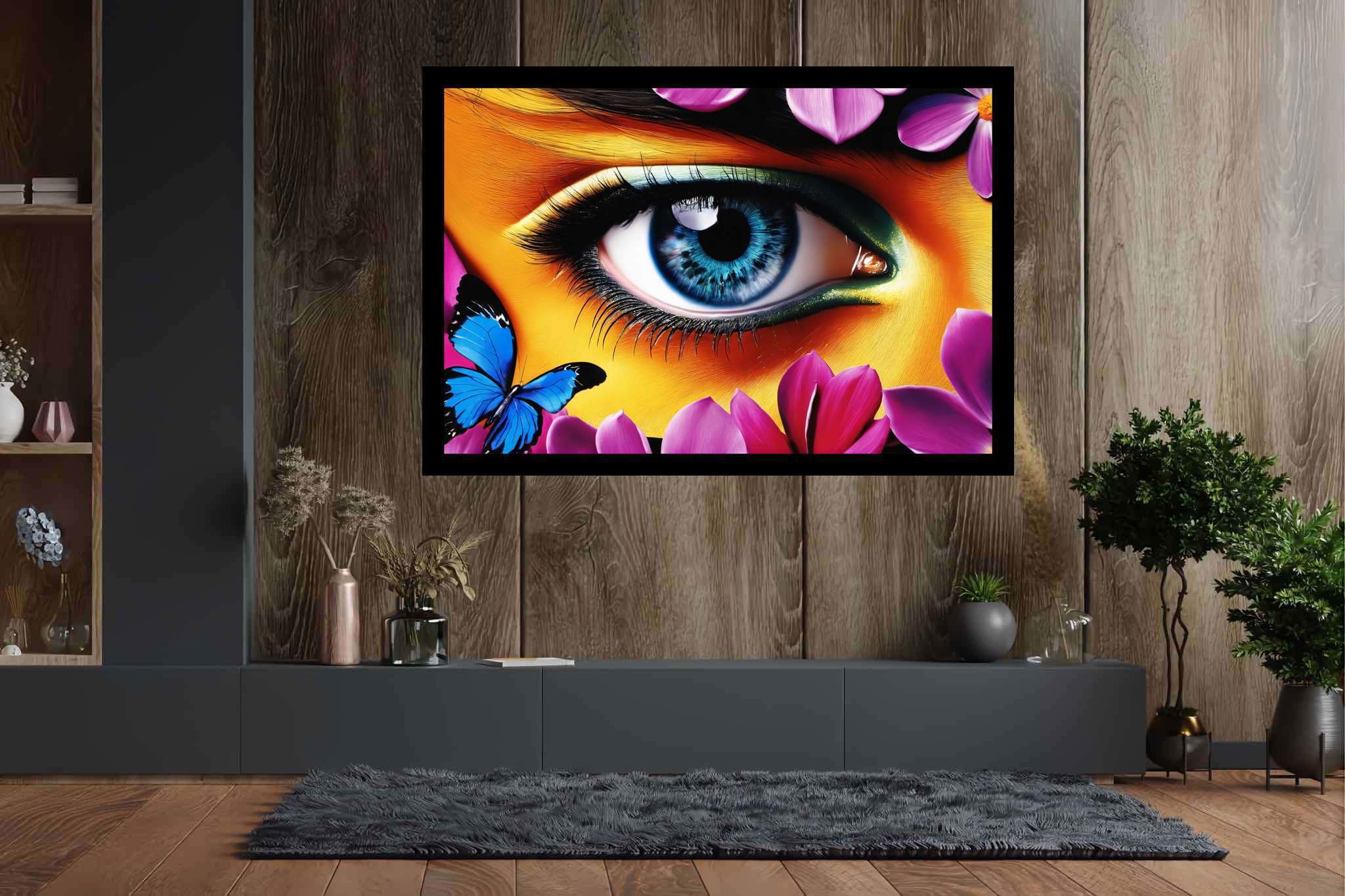 Butterfly gaze garden: Eye art with eye art, in a room with chic decor, photographic wall art, and interior decorations. The art can be printed on poster, framed poster, canvas, metal, acrylic or wood, exclusively at WallArtZen. Find this exact print at https://wallartzen.com/waz180