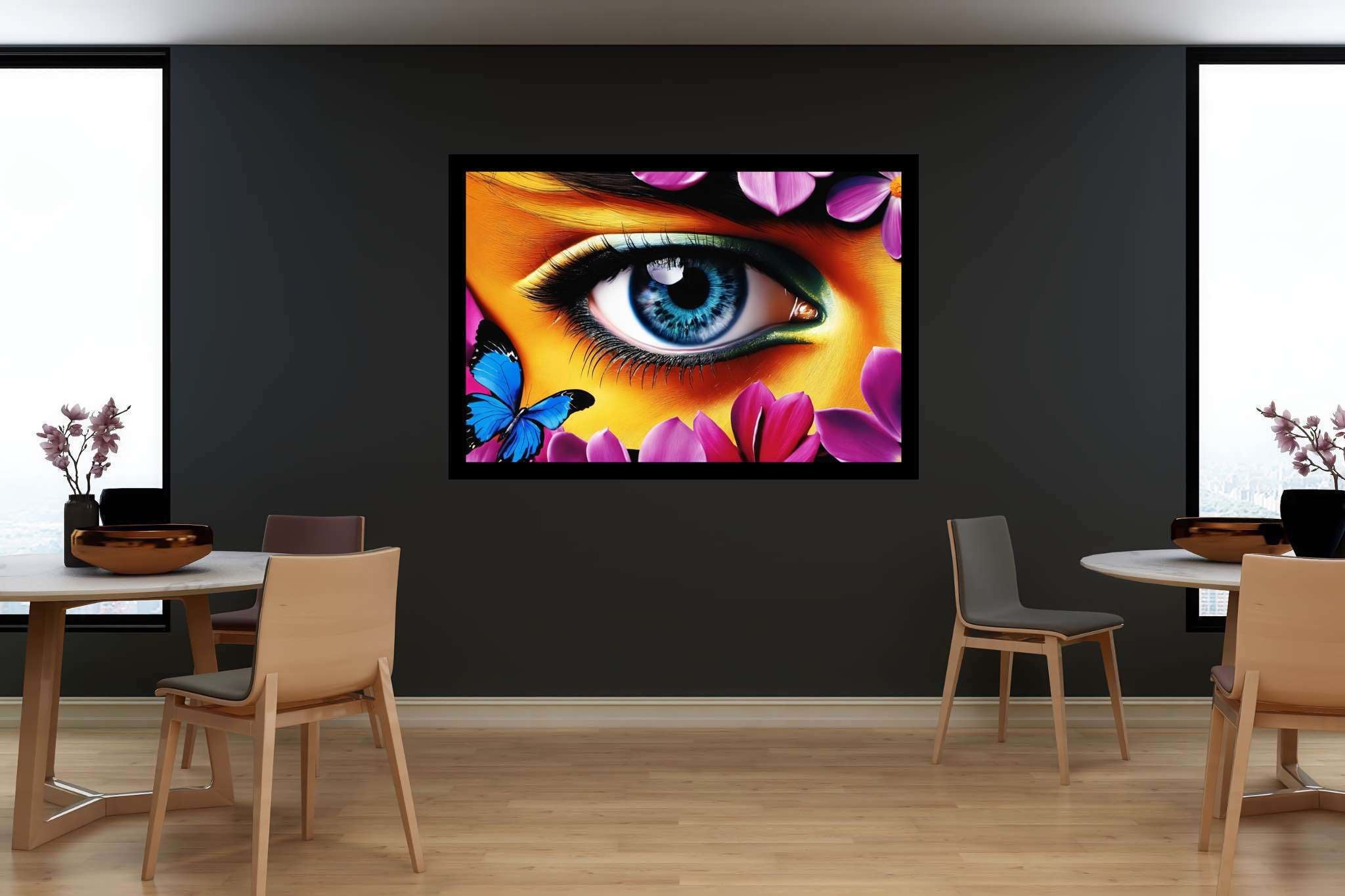 Butterfly gaze garden: Eye art with digital art, in a room with innovative layout, gallery-quality artwork, and home furnishings. The art can be printed on poster, framed poster, canvas, metal, acrylic or wood, exclusively at WallArtZen. Find this exact print at https://wallartzen.com/waz180