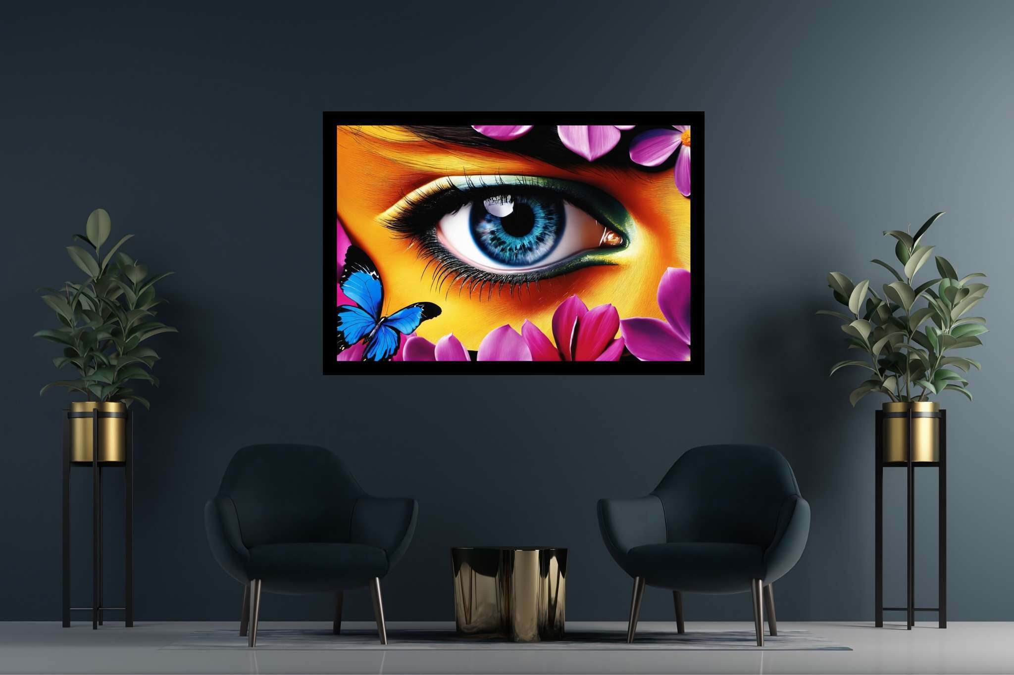Butterfly gaze garden: Eye art with eye art, in a room with urban design, photographic wall art, and artisan decor. The art can be printed on poster, framed poster, canvas, metal, acrylic or wood, exclusively at WallArtZen. Find this exact print at https://wallartzen.com/waz180