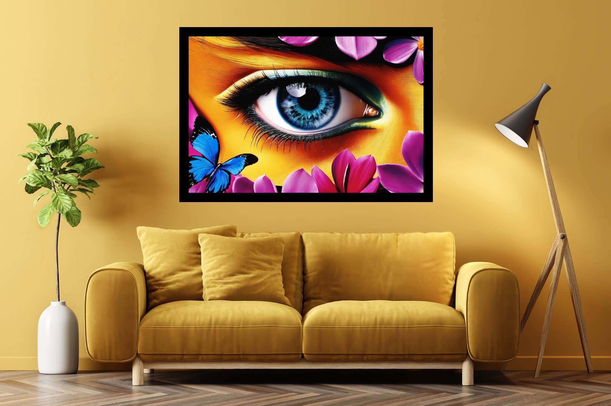 Butterfly gaze garden: Eye art with vivid colors, in a room with innovative layout, wall hangings, and home styling items. The art can be printed on poster, framed poster, canvas, metal, acrylic or wood, exclusively at WallArtZen. Find this exact print at https://wallartzen.com/waz180