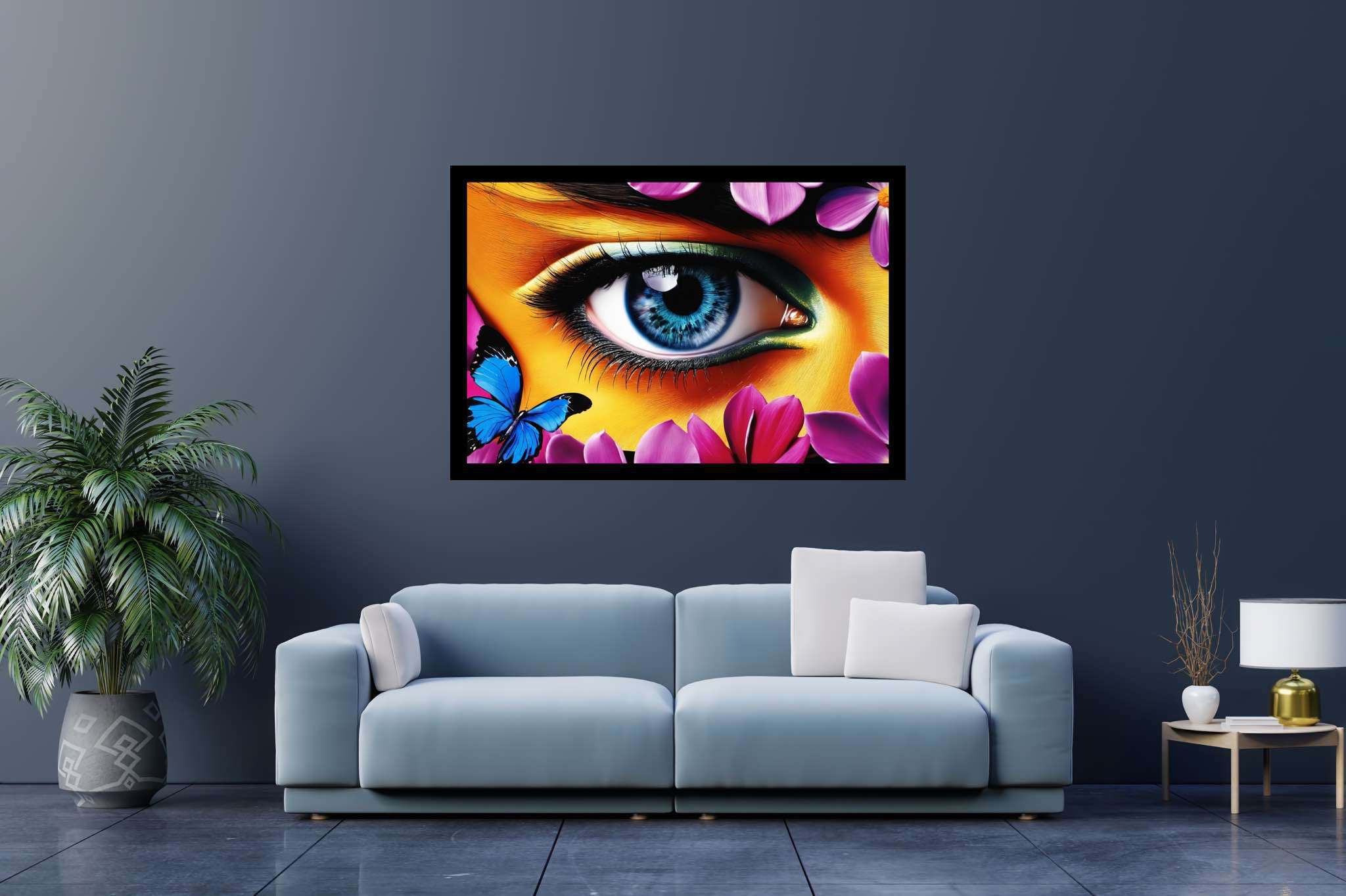 Butterfly gaze garden: Eye art with detailed artwork, in a room with elegant layout, photographic wall art, and luxe decor. The art can be printed on poster, framed poster, canvas, metal, acrylic or wood, exclusively at WallArtZen. Find this exact print at https://wallartzen.com/waz180