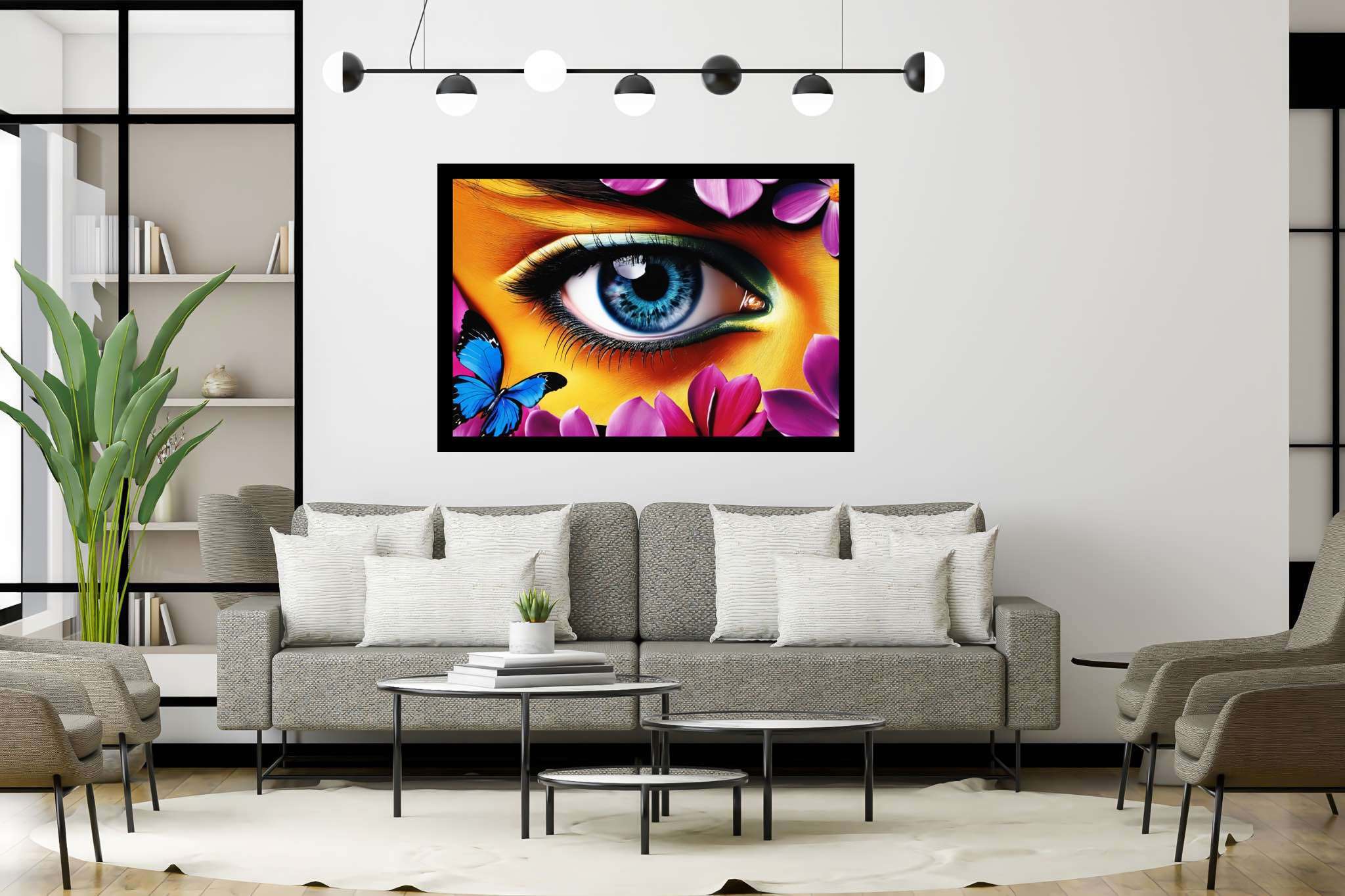 Butterfly gaze garden: Eye art with detailed artwork, in a room with artistic style, abstract paintings, and stylish accessories. The art can be printed on poster, framed poster, canvas, metal, acrylic or wood, exclusively at WallArtZen. Find this exact print at https://wallartzen.com/waz180