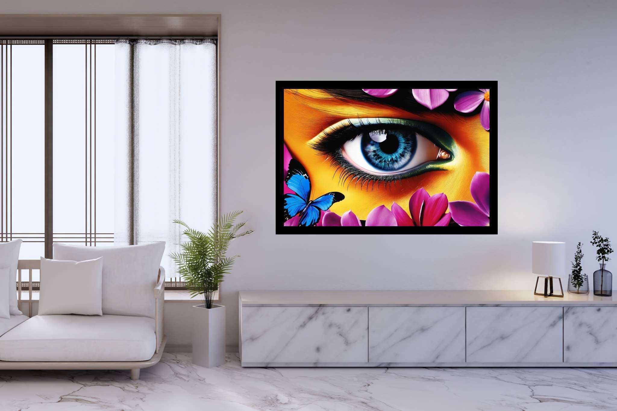 Butterfly gaze garden: Eye art with creative vision, in a room with classic elegance, abstract paintings, and luxe decor. The art can be printed on poster, framed poster, canvas, metal, acrylic or wood, exclusively at WallArtZen. Find this exact print at https://wallartzen.com/waz180