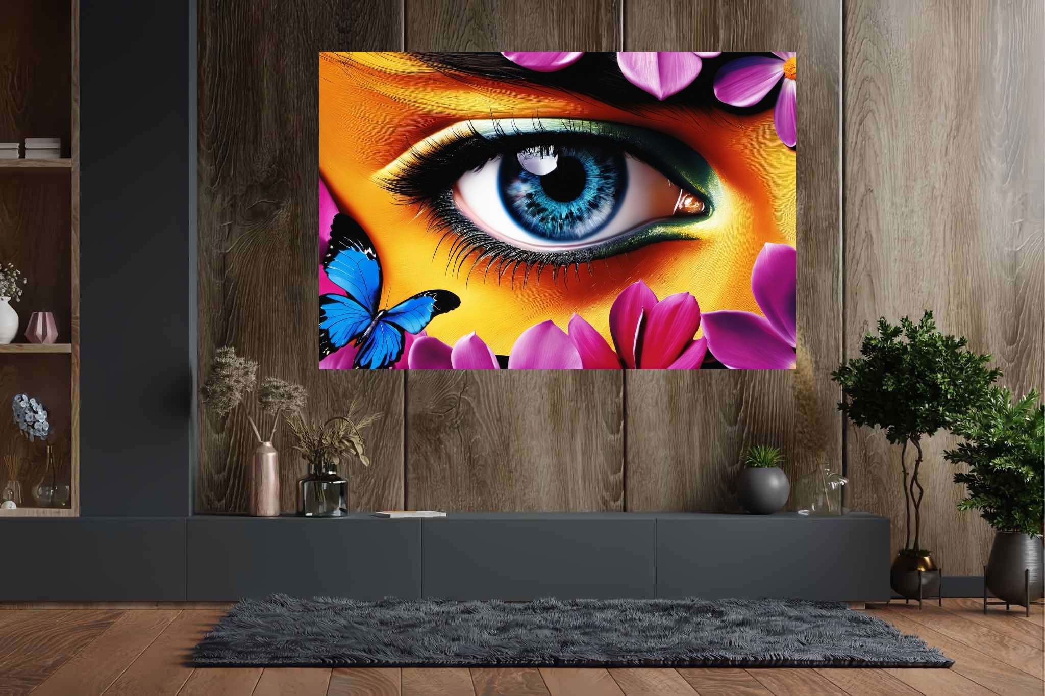 Butterfly gaze garden: Eye art with vivid colors, in a room with classic elegance, gallery-quality artwork, and decorative pieces. The art can be printed on poster, framed poster, canvas, metal, acrylic or wood, exclusively at WallArtZen. Find this exact print at https://wallartzen.com/waz180