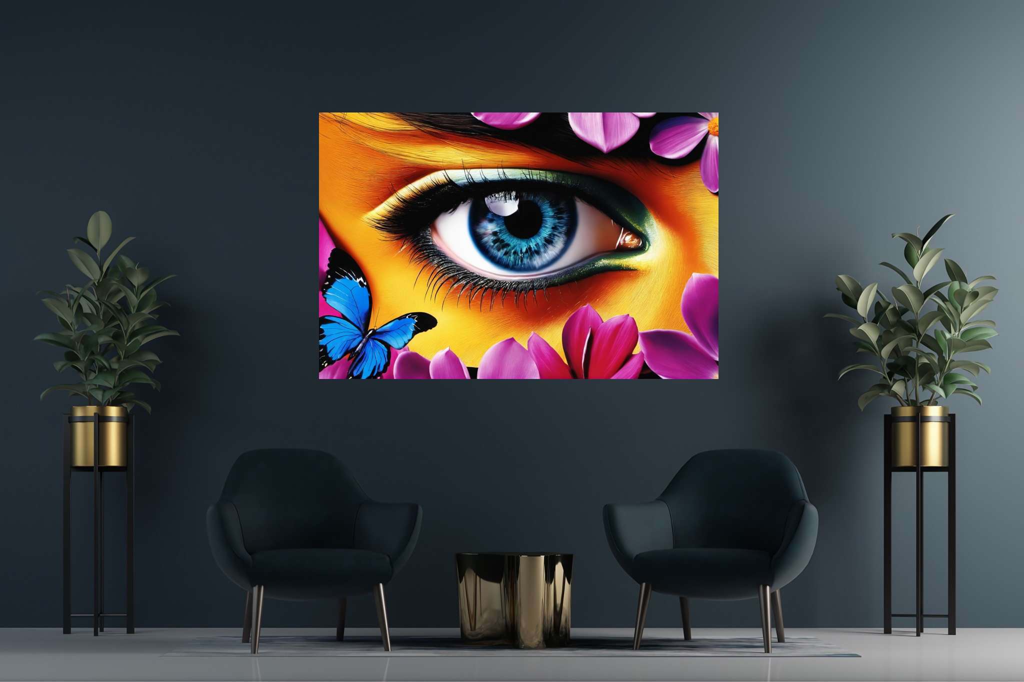 Butterfly gaze garden: Eye art with visual art, in a room with urban design, bespoke art designs, and decorative pieces. The art can be printed on poster, framed poster, canvas, metal, acrylic or wood, exclusively at WallArtZen. Find this exact print at https://wallartzen.com/waz180