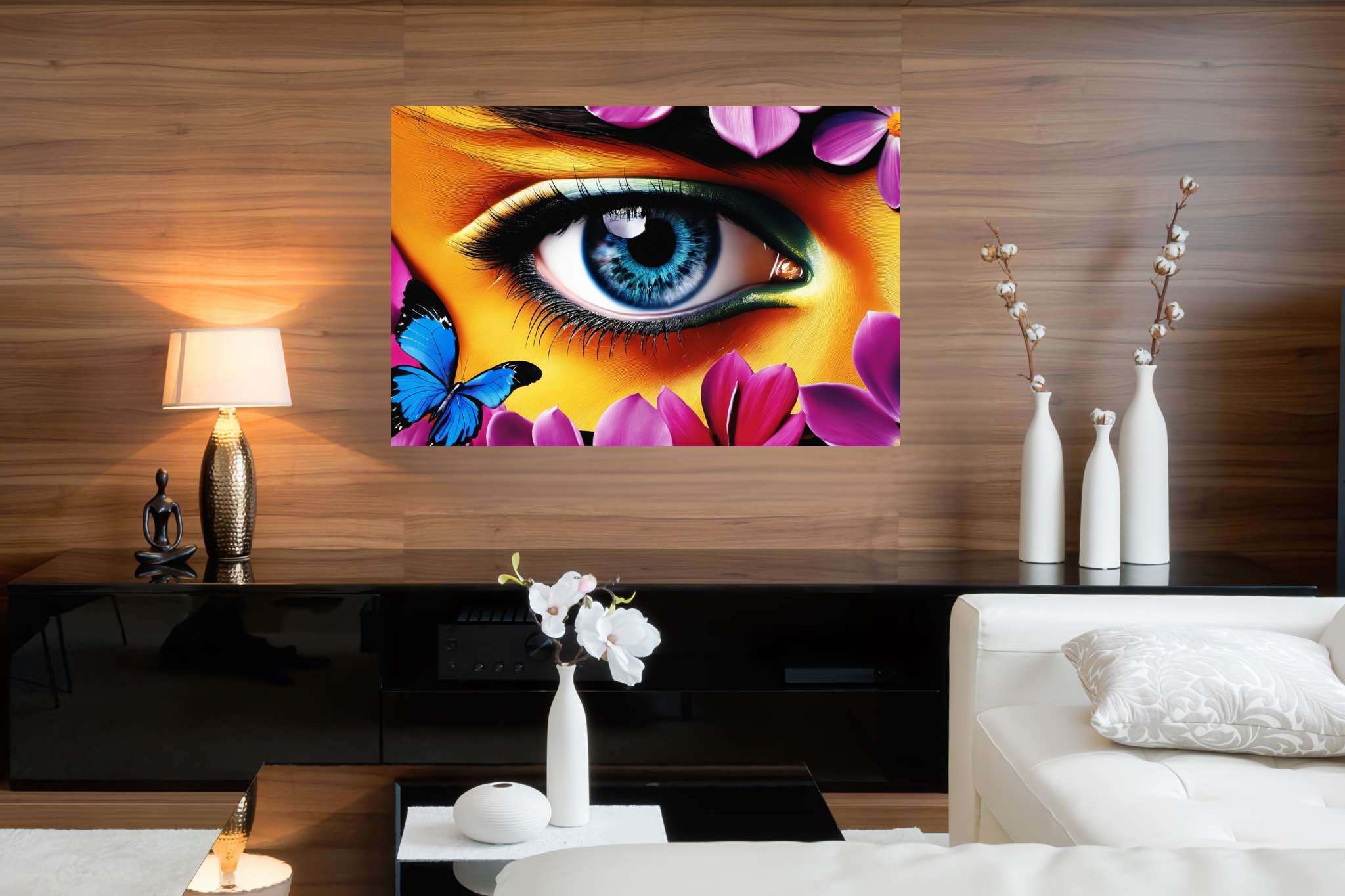 Butterfly gaze garden: Eye art with visual art, in a room with classic elegance, canvas prints, and home styling items. The art can be printed on poster, framed poster, canvas, metal, acrylic or wood, exclusively at WallArtZen. Find this exact print at https://wallartzen.com/waz180