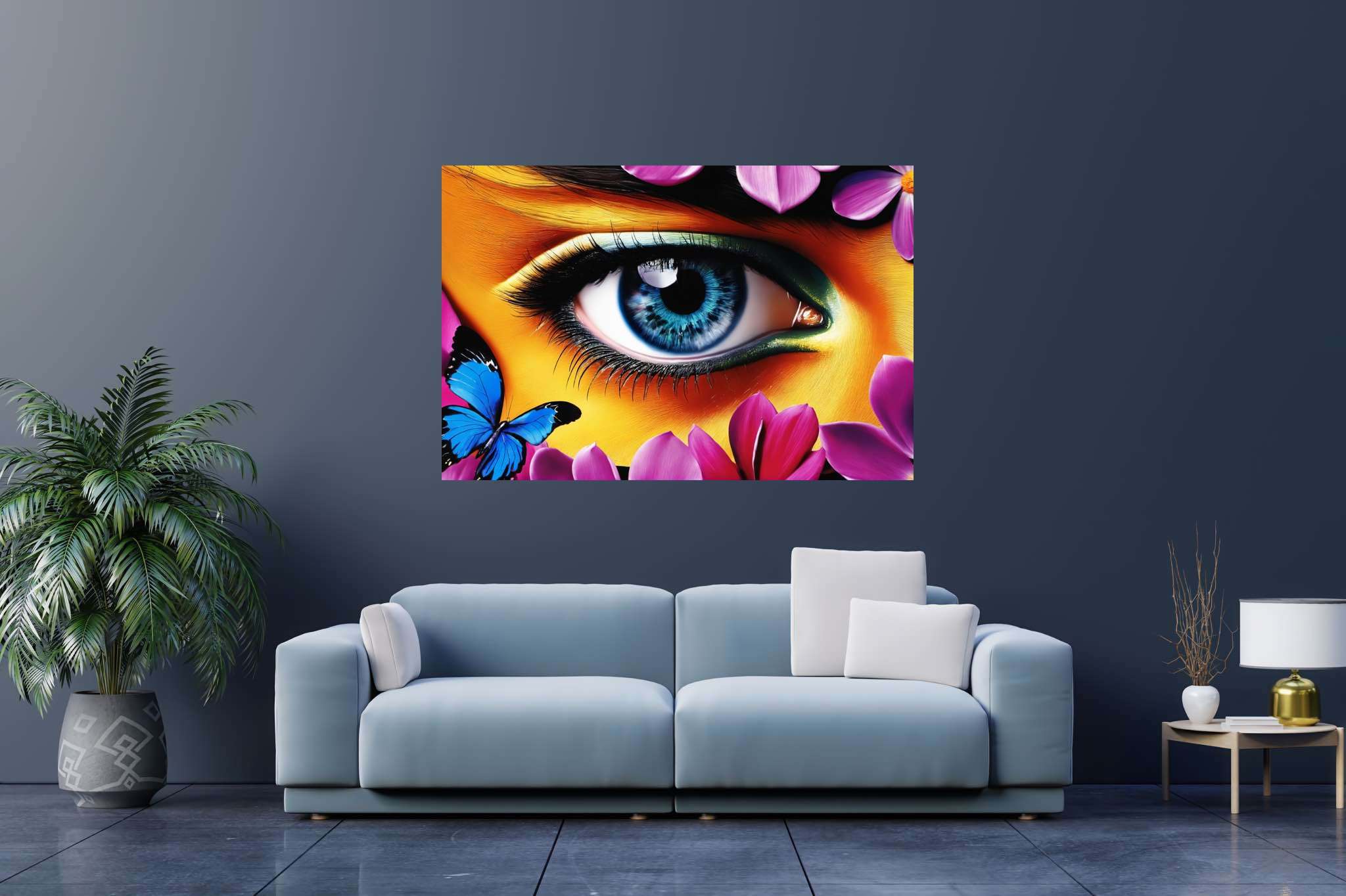 Butterfly gaze garden: Eye art with optical illusion, in a room with contemporary flair, framed art, and decorative pieces. The art can be printed on poster, framed poster, canvas, metal, acrylic or wood, exclusively at WallArtZen. Find this exact print at https://wallartzen.com/waz180