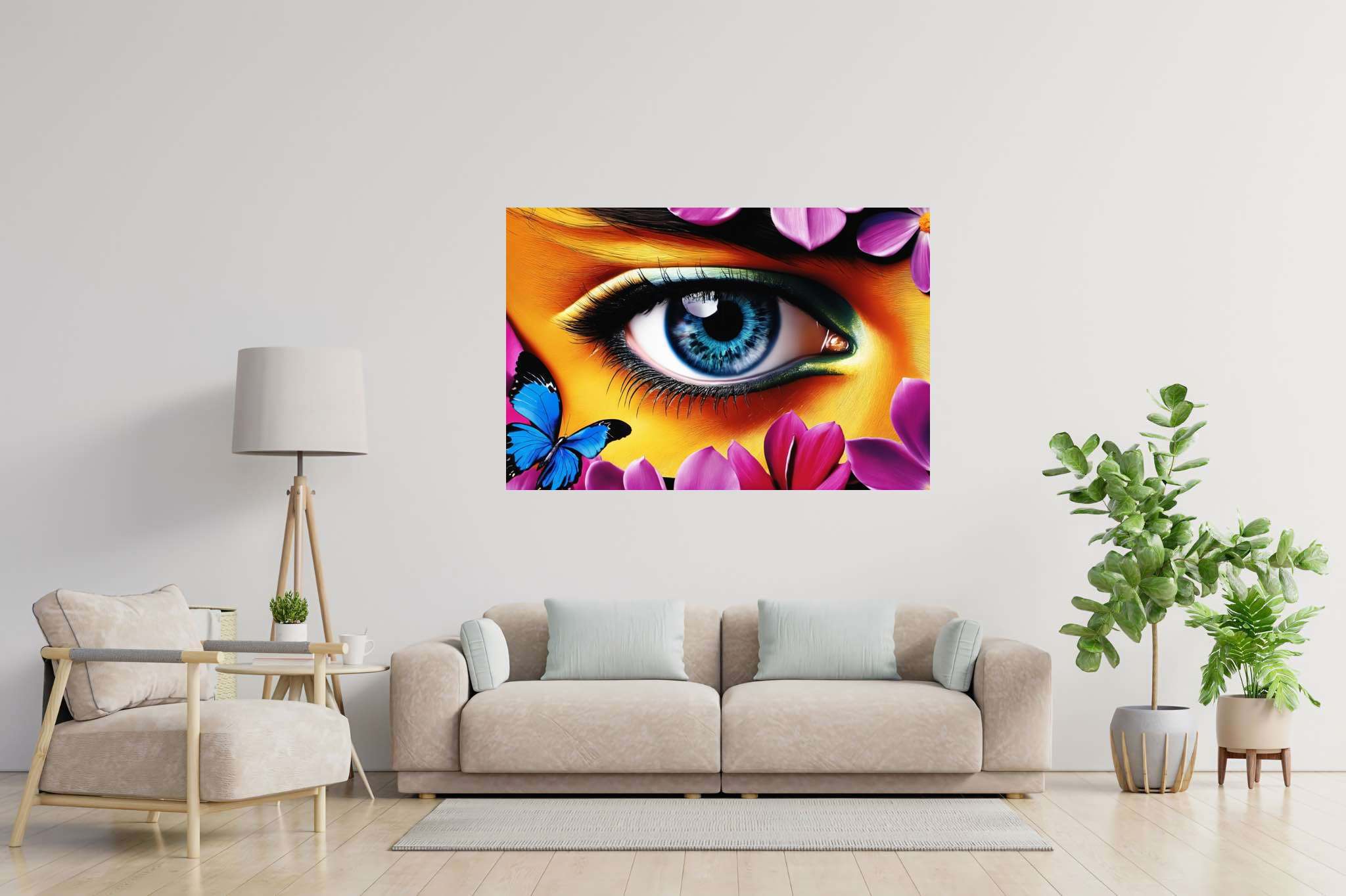 Butterfly gaze garden: Eye art with visual art, in a room with great design, gallery-quality artwork, and elegant home goods. The art can be printed on poster, framed poster, canvas, metal, acrylic or wood, exclusively at WallArtZen. Find this exact print at https://wallartzen.com/waz180