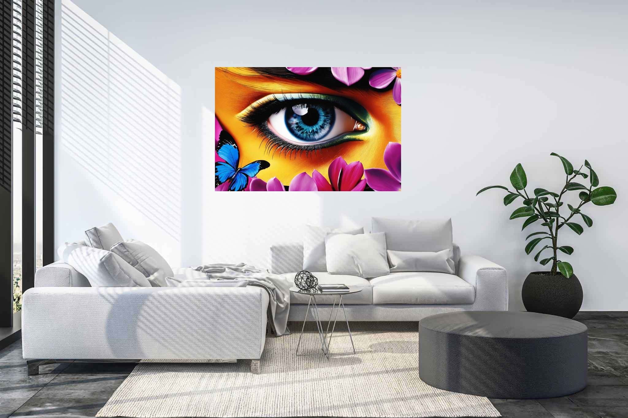 Butterfly gaze garden: Eye art with surrealism, in a room with classic elegance, canvas prints, and home furnishings. The art can be printed on poster, framed poster, canvas, metal, acrylic or wood, exclusively at WallArtZen. Find this exact print at https://wallartzen.com/waz180