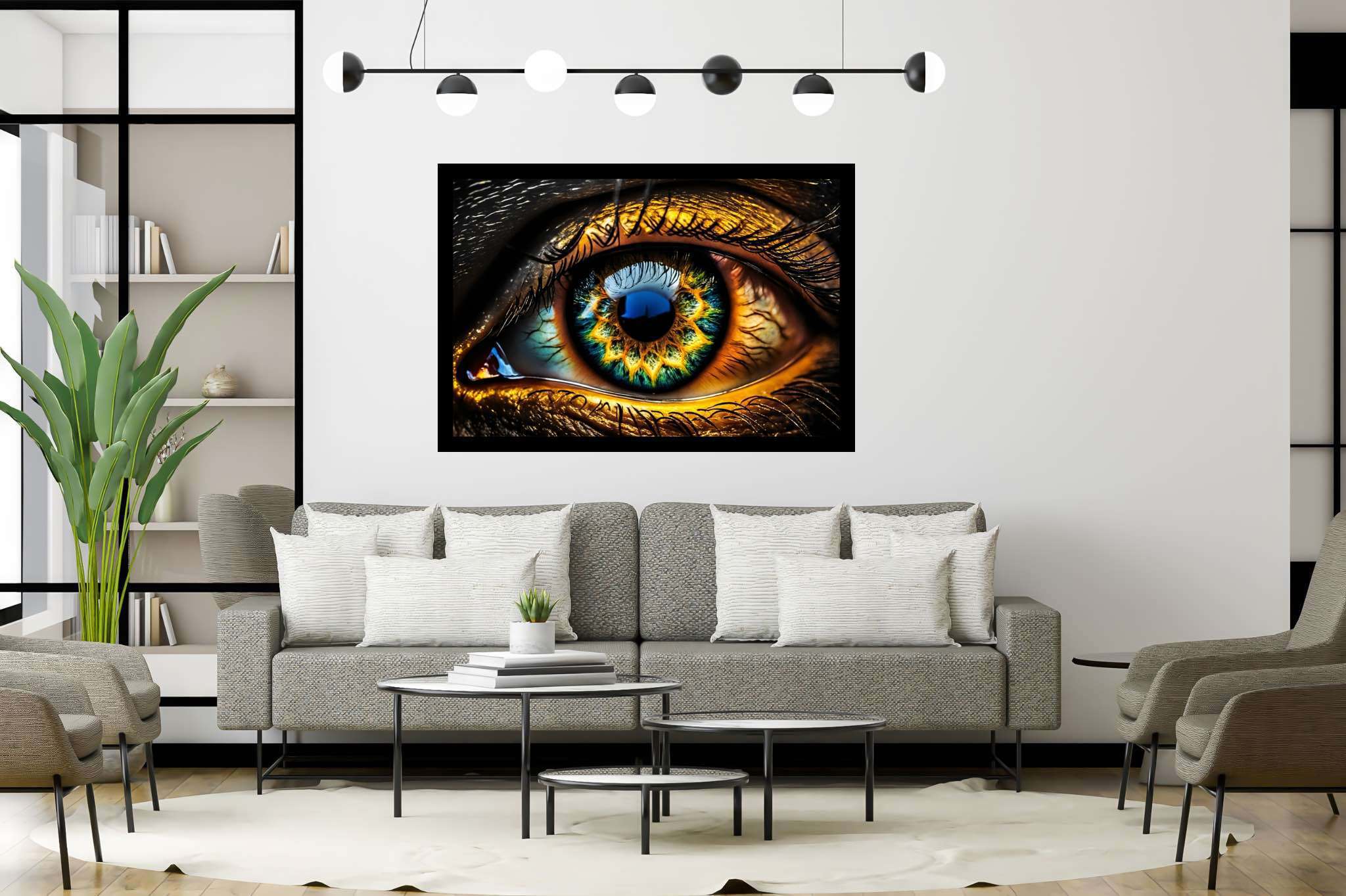 Iridescence gaze: Vibrant eye art with energetic eye creations, in a room with urban design, bespoke art designs, and artisan decor. The art can be printed on poster, framed poster, canvas, metal, acrylic or wood, exclusively at WallArtZen. Find this exact print at https://wallartzen.com/waz181