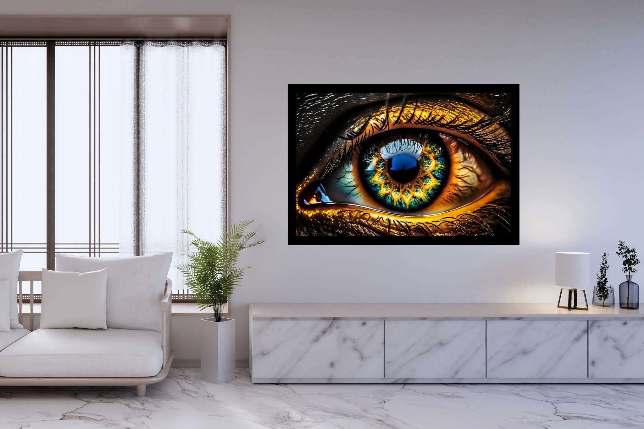 Iridescence gaze: Vibrant eye art with striking eye compositions, in a room with great design, mural artworks, and decorative pieces. The art can be printed on poster, framed poster, canvas, metal, acrylic or wood, exclusively at WallArtZen. Find this exact print at https://wallartzen.com/waz181