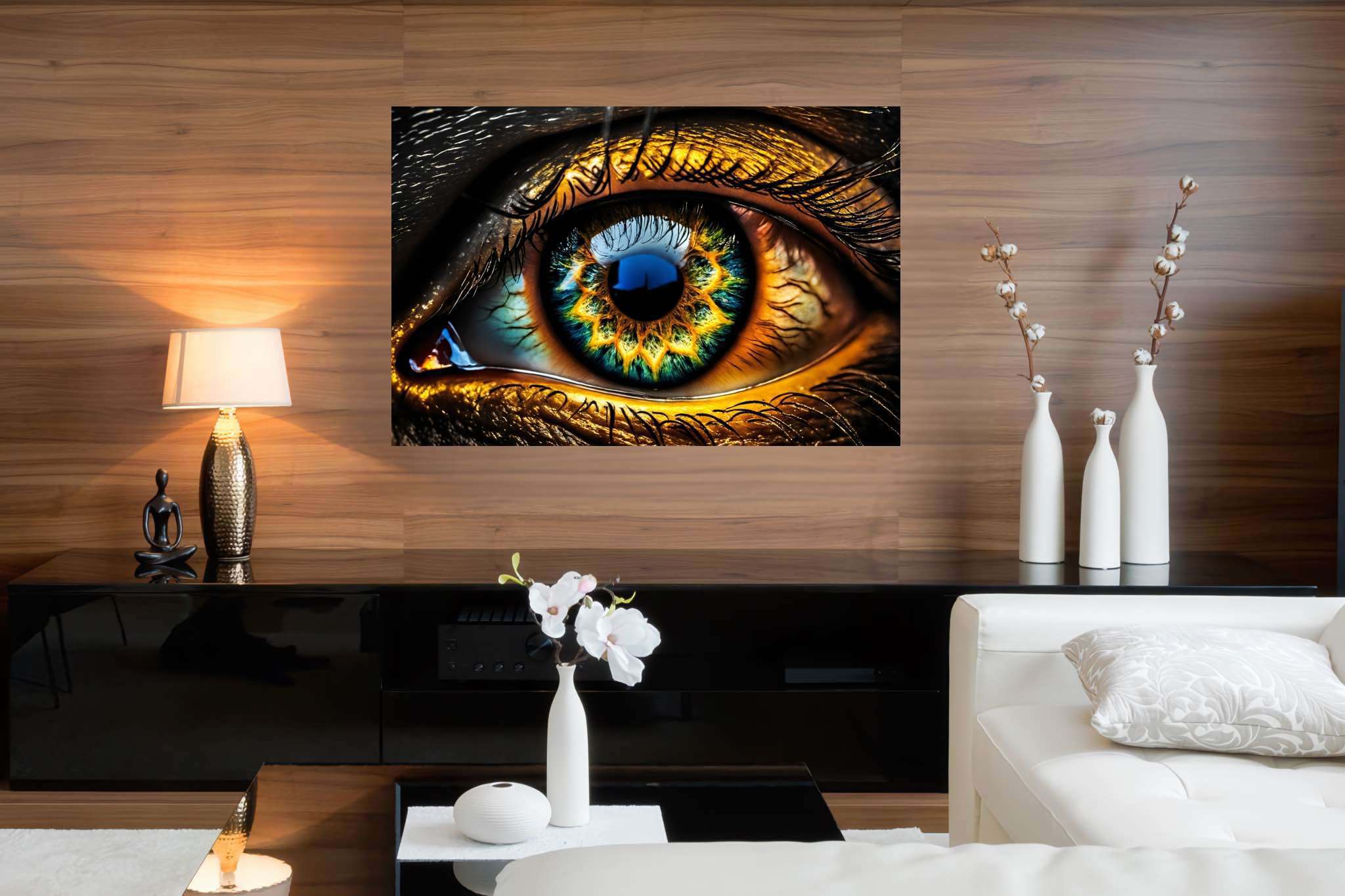 Iridescence gaze: Vibrant eye art with vibrant eye aesthetics, in a room with elegant layout, canvas prints, and stylish accessories. The art can be printed on poster, framed poster, canvas, metal, acrylic or wood, exclusively at WallArtZen. Find this exact print at https://wallartzen.com/waz181