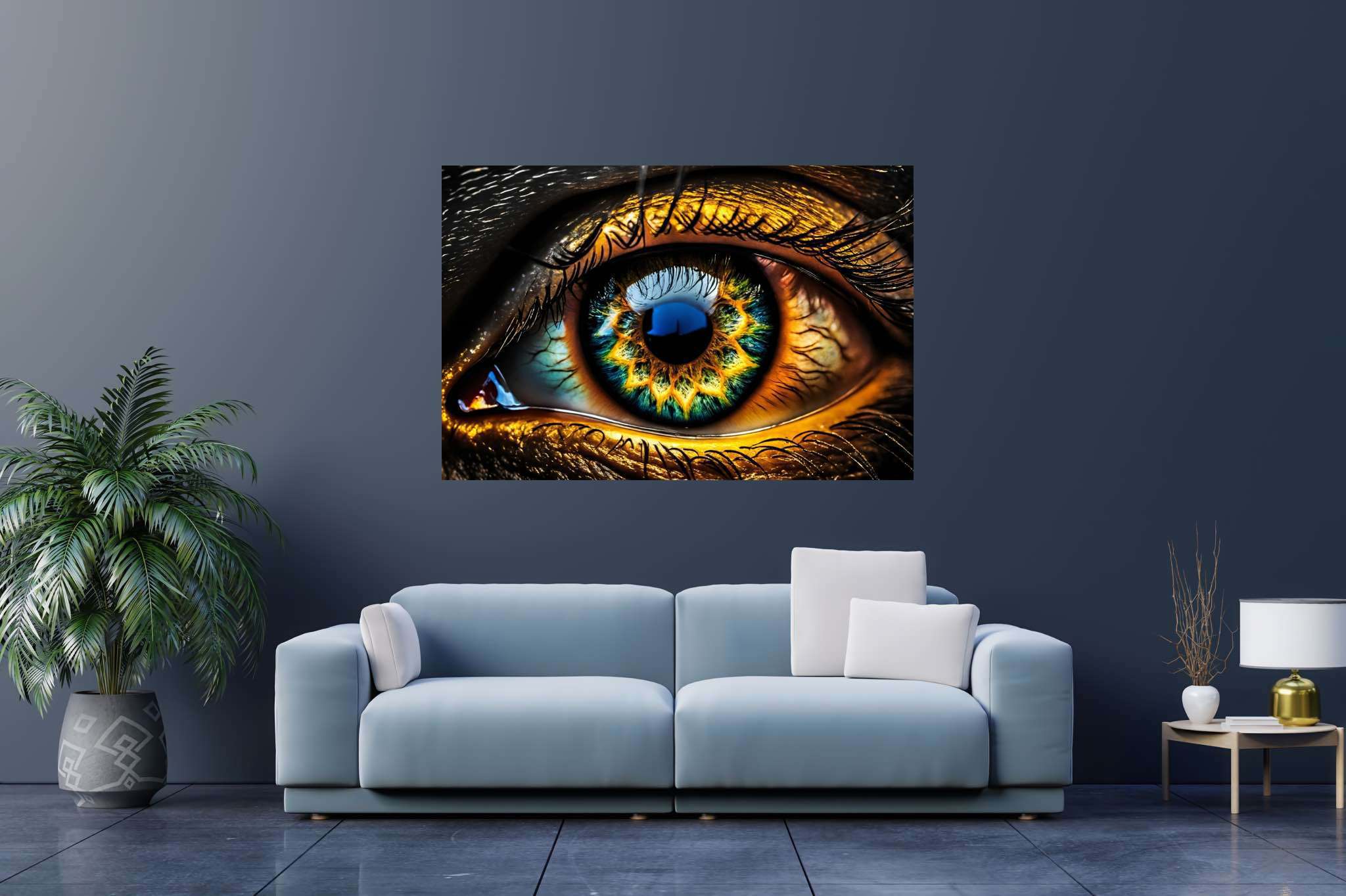 Iridescence gaze: Vibrant eye art with vibrant eye art, in a room with innovative layout, gallery-quality artwork, and decorative pieces. The art can be printed on poster, framed poster, canvas, metal, acrylic or wood, exclusively at WallArtZen. Find this exact print at https://wallartzen.com/waz181