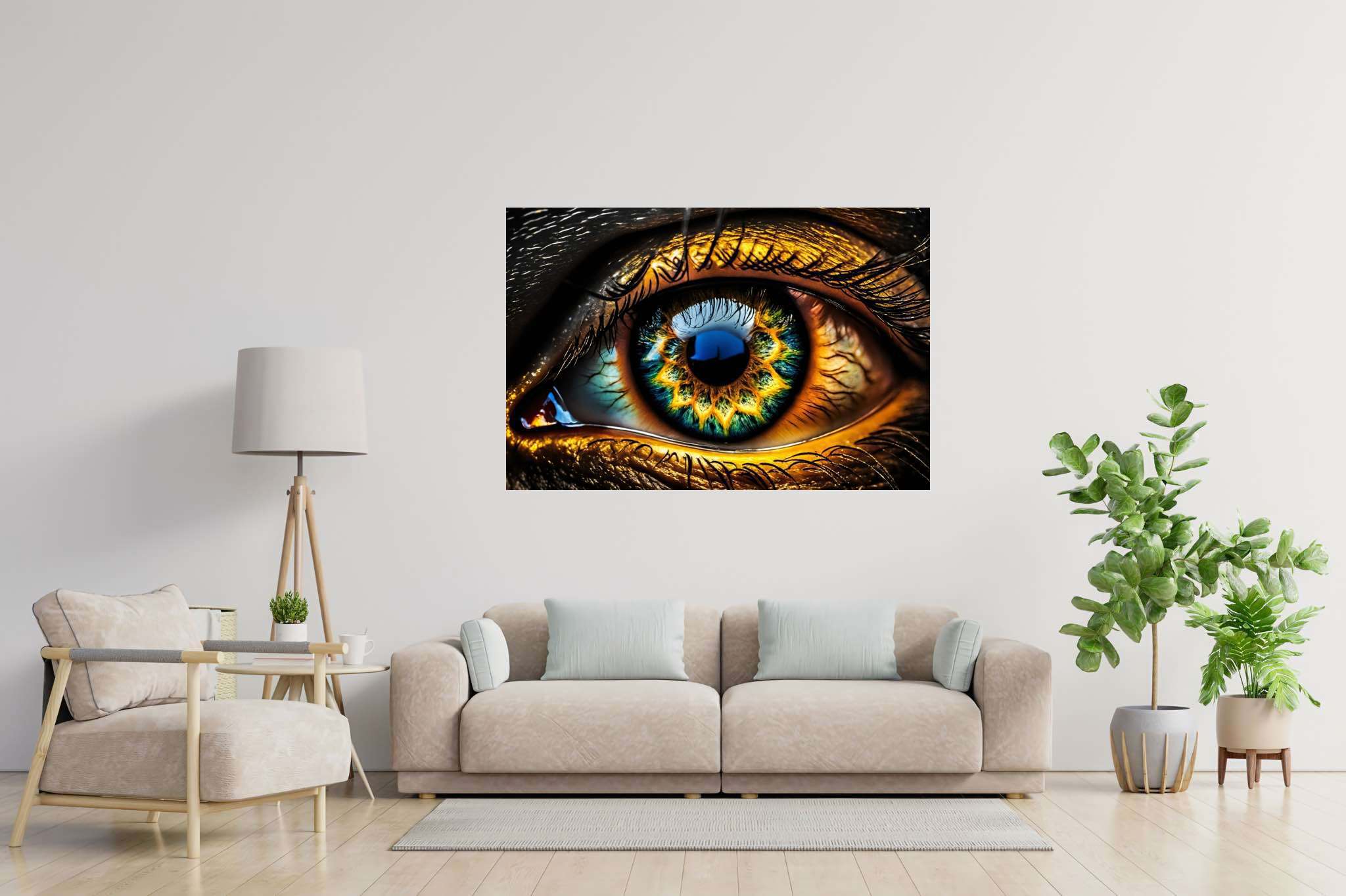 Iridescence gaze: Vibrant eye art with dynamic eye illustrations, in a room with great design, photographic wall art, and home styling items. The art can be printed on poster, framed poster, canvas, metal, acrylic or wood, exclusively at WallArtZen. Find this exact print at https://wallartzen.com/waz181