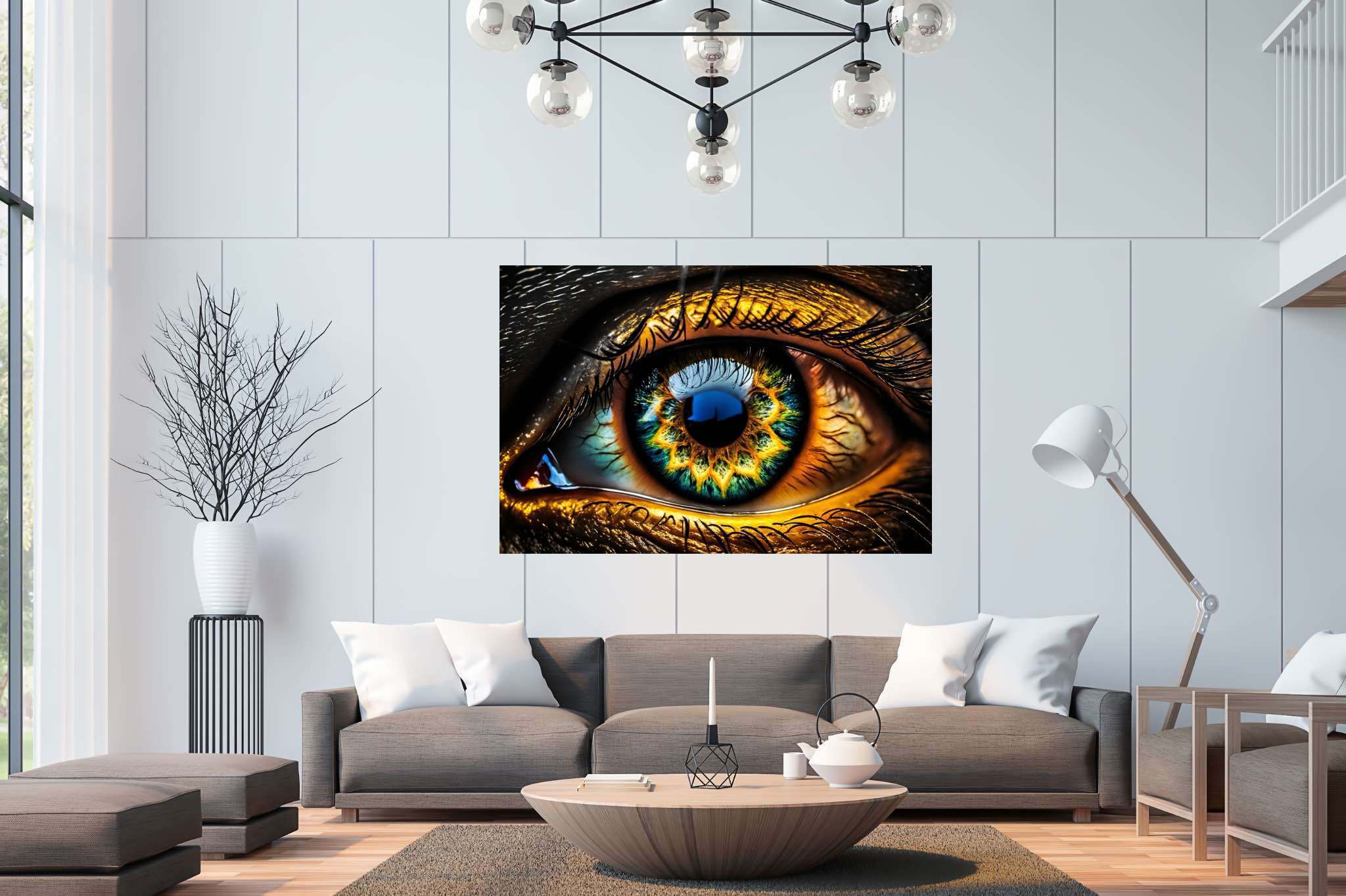 Iridescence gaze: Vibrant eye art with lively eye masterpieces, in a room with modern style, digital art pieces, and interior decorations. The art can be printed on poster, framed poster, canvas, metal, acrylic or wood, exclusively at WallArtZen. Find this exact print at https://wallartzen.com/waz181