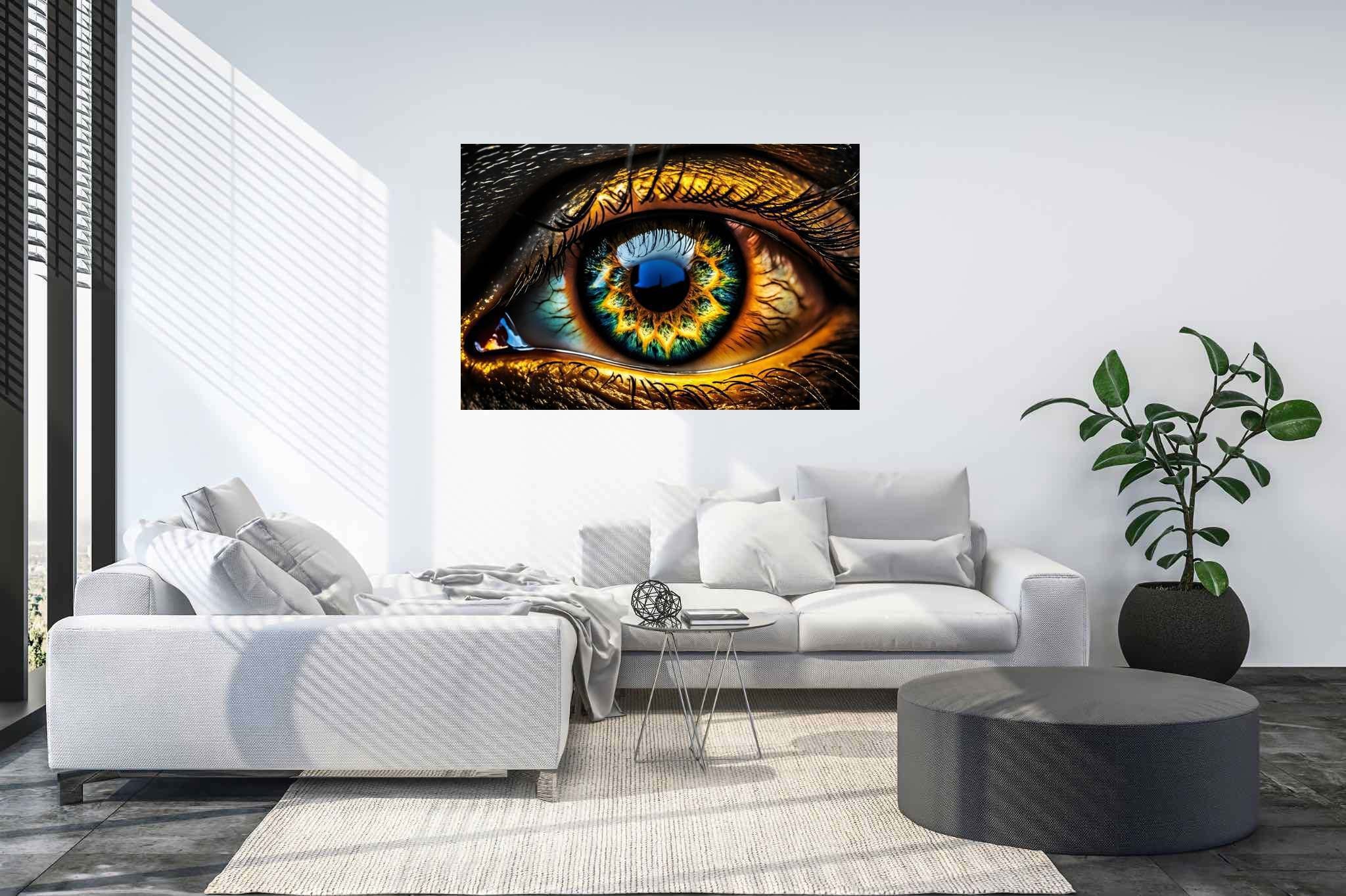 Iridescence gaze: Vibrant eye art with vibrant eye graphics, in a room with great design, abstract paintings, and home styling items. The art can be printed on poster, framed poster, canvas, metal, acrylic or wood, exclusively at WallArtZen. Find this exact print at https://wallartzen.com/waz181
