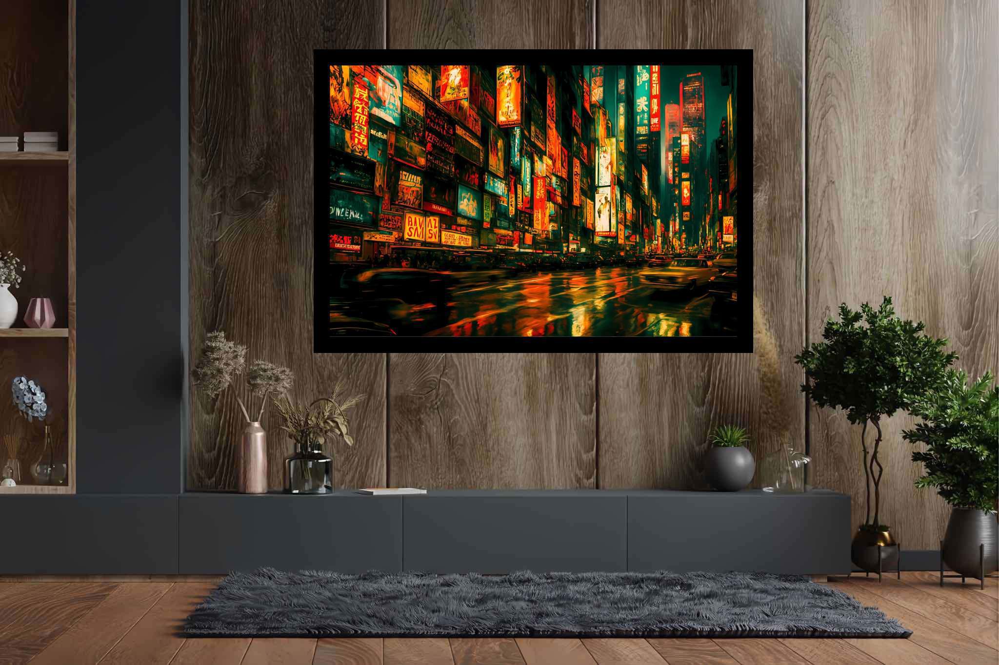 Neon rain serenade: Vibrant city art with bustling city artwork, in a room with great design, bespoke art designs, and home styling items. The art can be printed on poster, framed poster, canvas, metal, acrylic or wood, exclusively at WallArtZen. Find this exact print at https://wallartzen.com/waz182