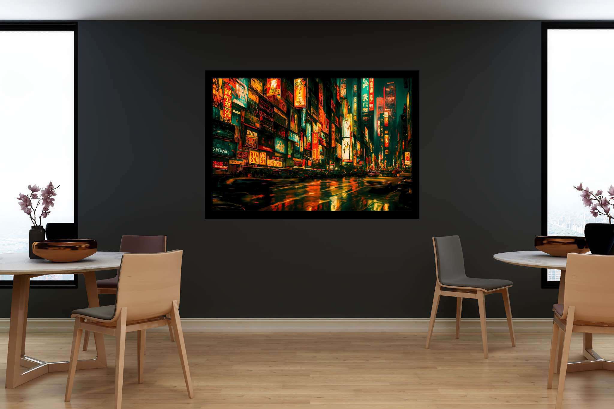 Neon rain serenade: Vibrant city art with lively city portraits, in a room with artistic style, wall art, and interior decorations. The art can be printed on poster, framed poster, canvas, metal, acrylic or wood, exclusively at WallArtZen. Find this exact print at https://wallartzen.com/waz182