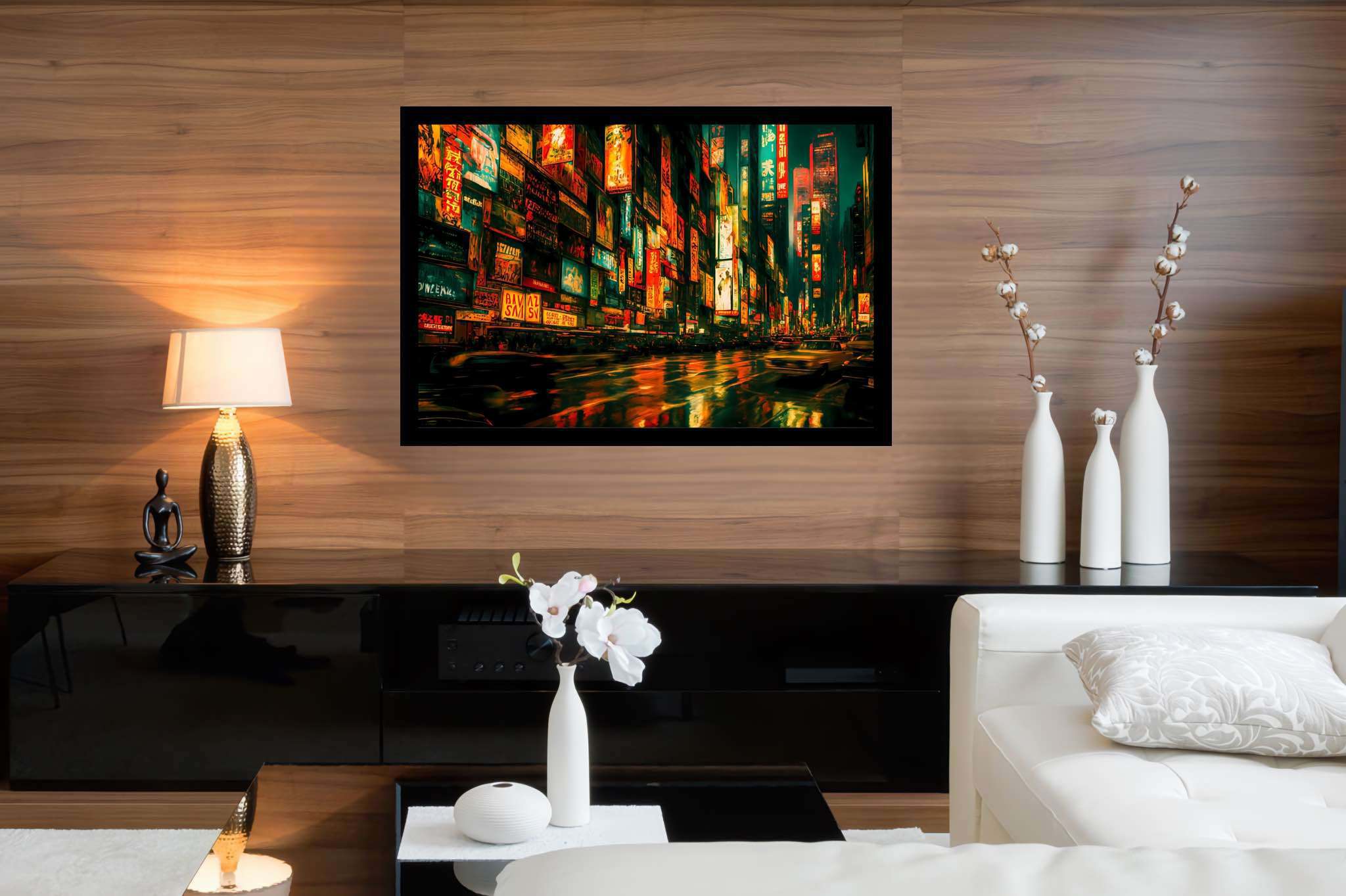Neon rain serenade: Vibrant city art with vibrant city graffiti, in a room with urban design, gallery-quality artwork, and home styling items. The art can be printed on poster, framed poster, canvas, metal, acrylic or wood, exclusively at WallArtZen. Find this exact print at https://wallartzen.com/waz182