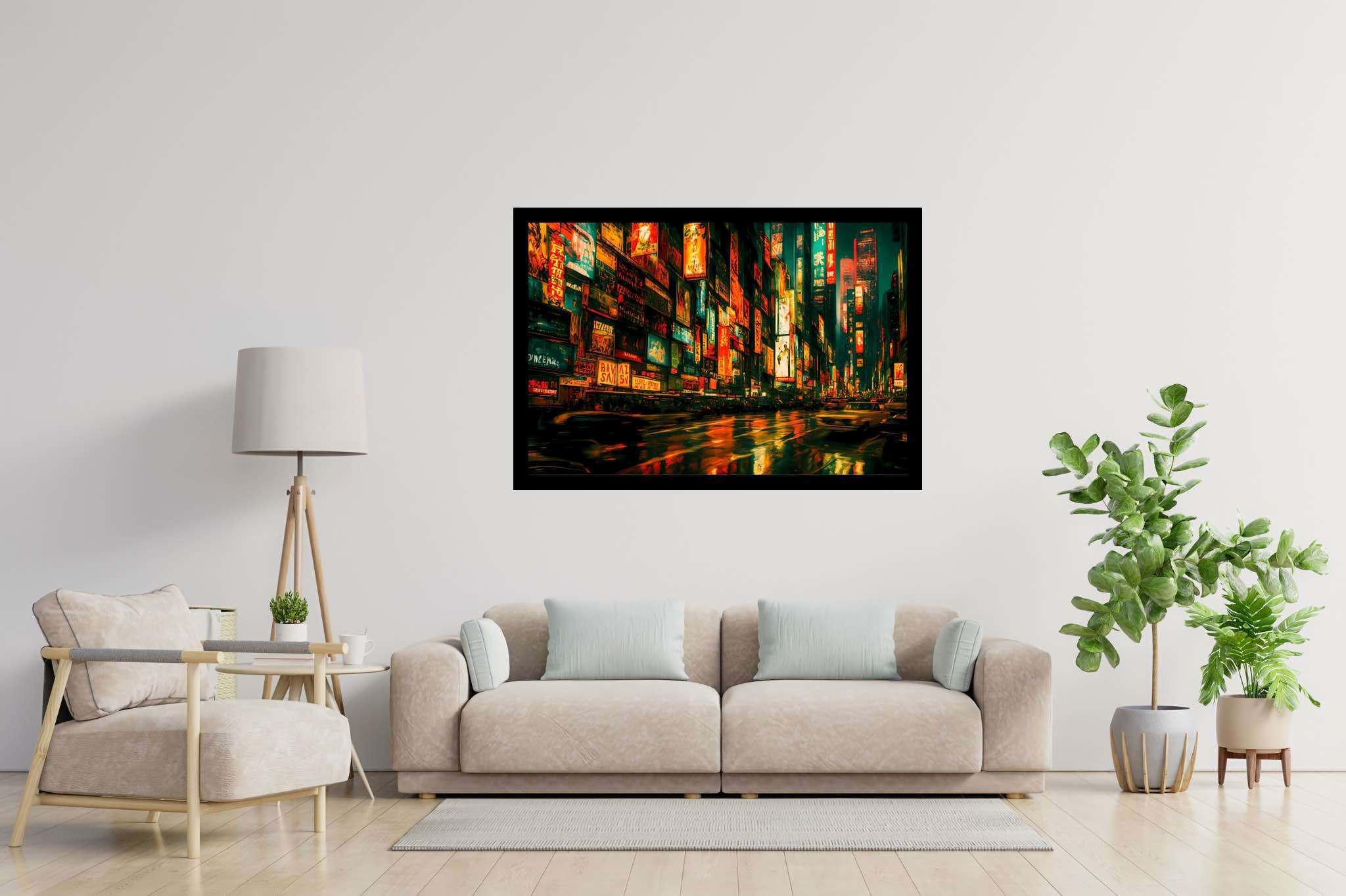 Neon rain serenade: Vibrant city art with colorful street photography, in a room with modern style, wall art, and interior decorations. The art can be printed on poster, framed poster, canvas, metal, acrylic or wood, exclusively at WallArtZen. Find this exact print at https://wallartzen.com/waz182