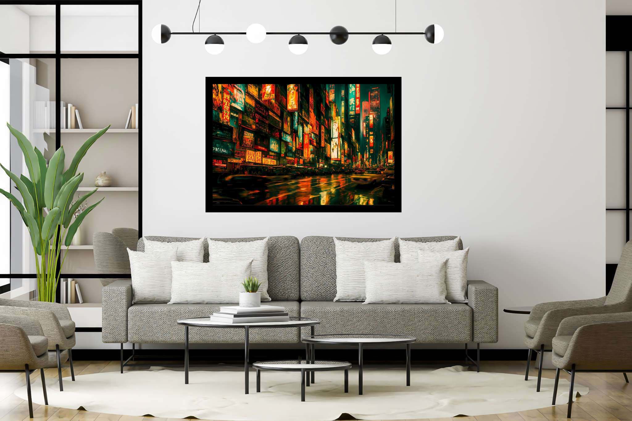 Neon rain serenade: Vibrant city art with vibrant cityscape illustrations, in a room with artistic style, canvas prints, and designer furniture. The art can be printed on poster, framed poster, canvas, metal, acrylic or wood, exclusively at WallArtZen. Find this exact print at https://wallartzen.com/waz182