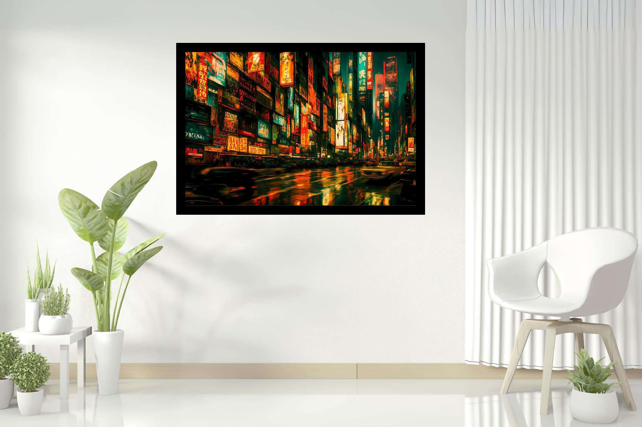 Neon rain serenade: Vibrant city art with lively city portraits, in a room with urban design, gallery-quality artwork, and designer furniture. The art can be printed on poster, framed poster, canvas, metal, acrylic or wood, exclusively at WallArtZen. Find this exact print at https://wallartzen.com/waz182