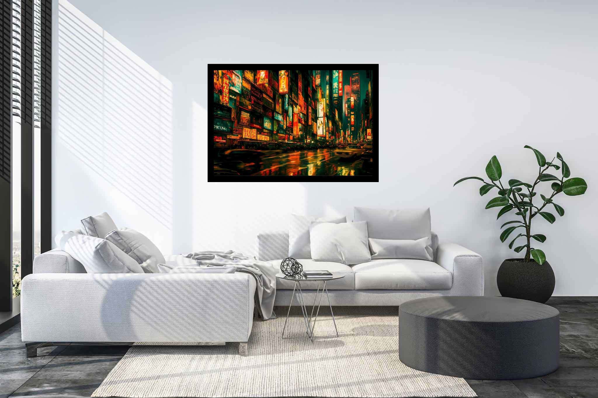 Neon rain serenade: Vibrant city art with vibrant city art, in a room with artistic style, fine art prints, and designer furniture. The art can be printed on poster, framed poster, canvas, metal, acrylic or wood, exclusively at WallArtZen. Find this exact print at https://wallartzen.com/waz182