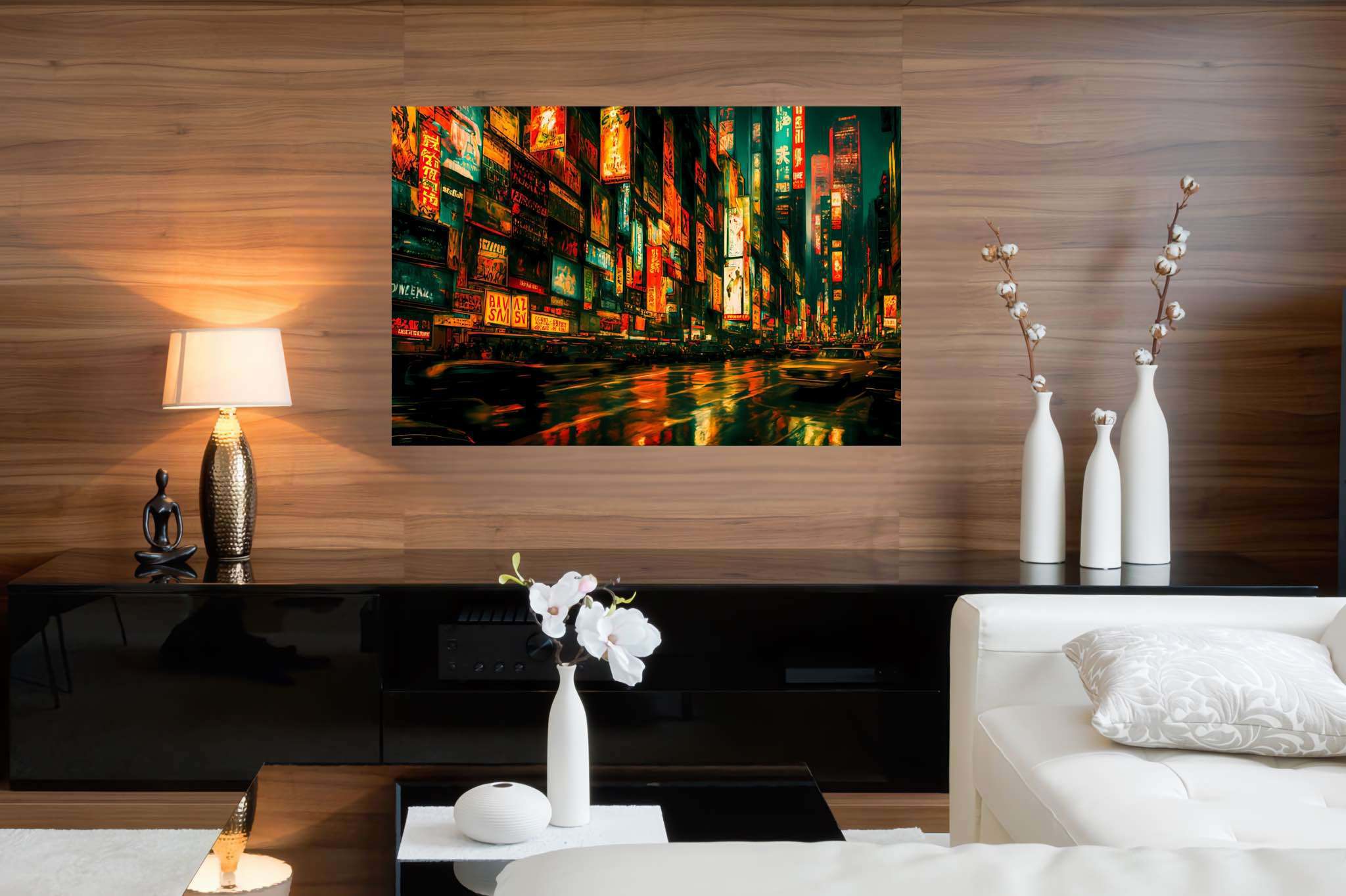 Neon rain serenade: Vibrant city art with dynamic street art, in a room with modern style, abstract paintings, and home styling items. The art can be printed on poster, framed poster, canvas, metal, acrylic or wood, exclusively at WallArtZen. Find this exact print at https://wallartzen.com/waz182