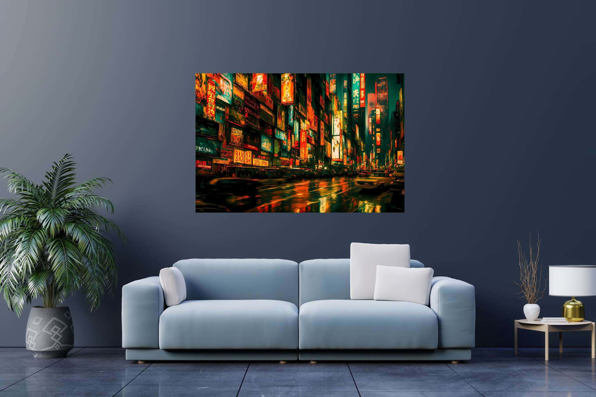 Neon rain serenade: Vibrant city art with lively city portraits, in a room with urban design, gallery-quality artwork, and luxe decor. The art can be printed on poster, framed poster, canvas, metal, acrylic or wood, exclusively at WallArtZen. Find this exact print at https://wallartzen.com/waz182
