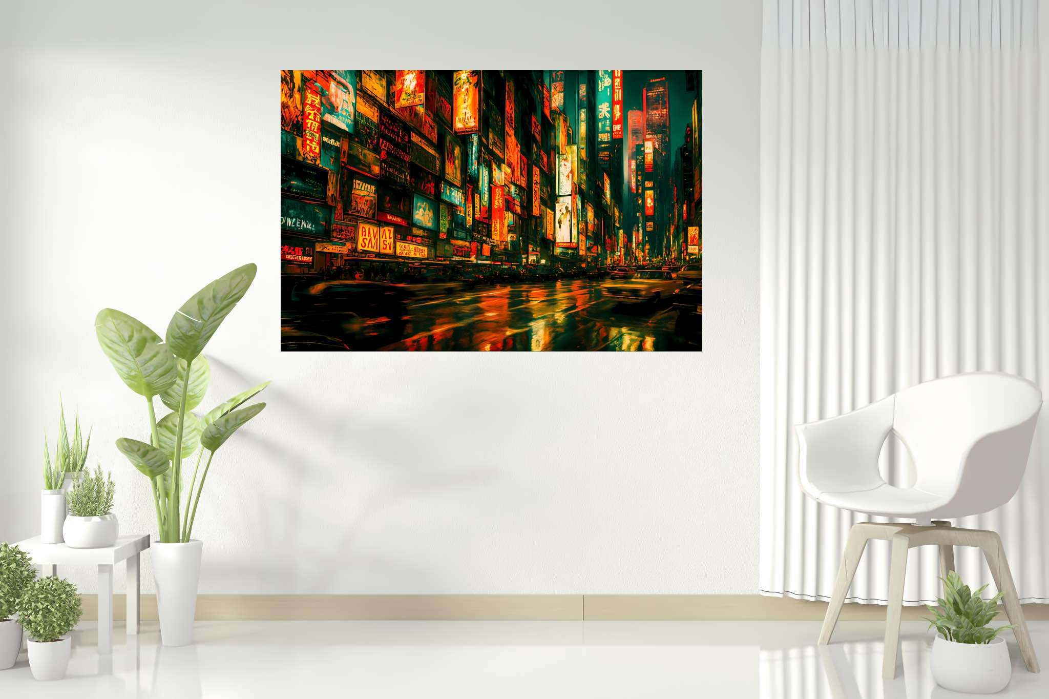 Neon rain serenade: Vibrant city art with vibrant cityscape illustrations, in a room with artistic style, mural artworks, and home furnishings. The art can be printed on poster, framed poster, canvas, metal, acrylic or wood, exclusively at WallArtZen. Find this exact print at https://wallartzen.com/waz182