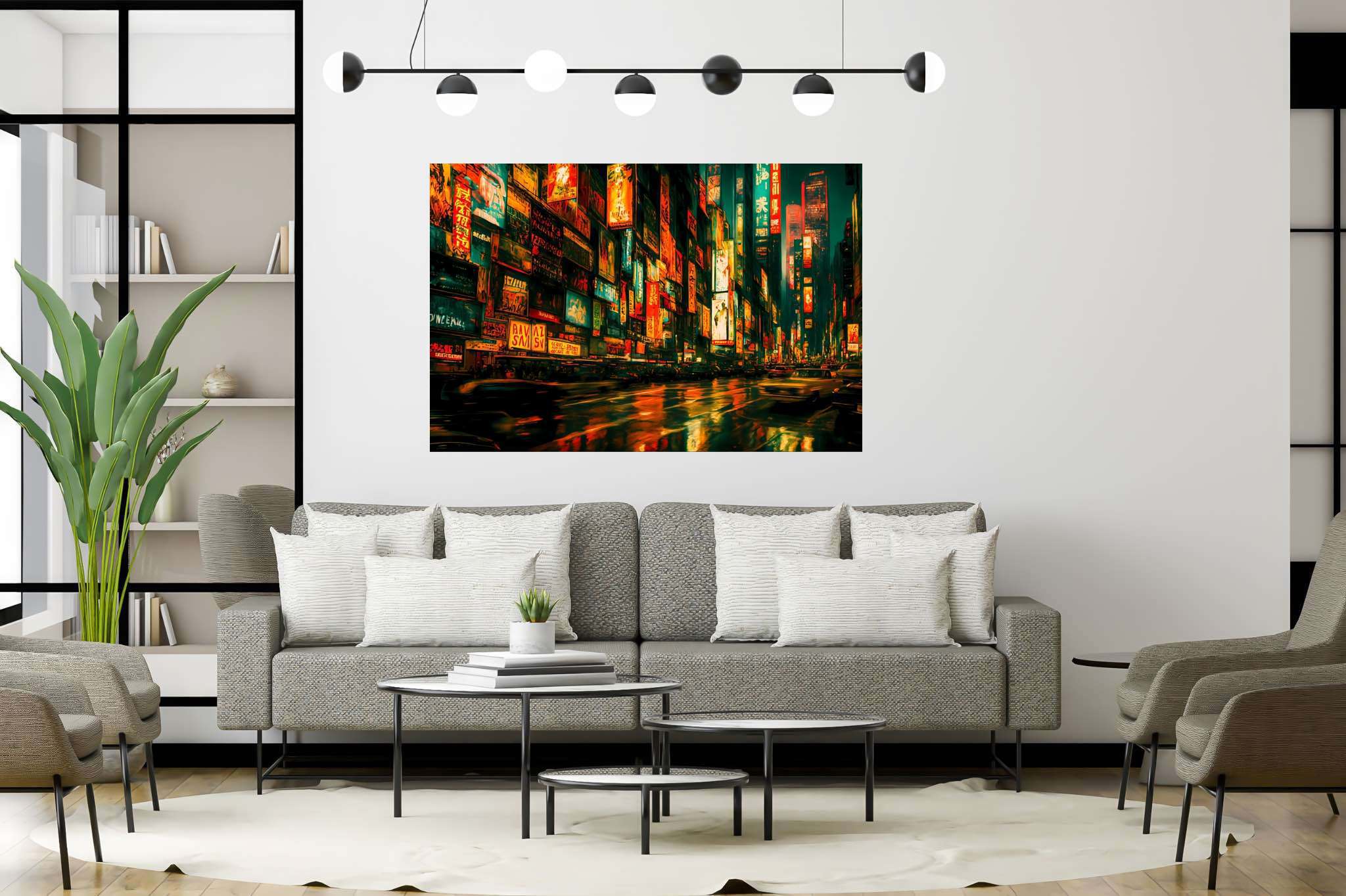 Neon rain serenade: Vibrant city art with vibrant city graffiti, in a room with innovative layout, bespoke art designs, and artisan decor. The art can be printed on poster, framed poster, canvas, metal, acrylic or wood, exclusively at WallArtZen. Find this exact print at https://wallartzen.com/waz182