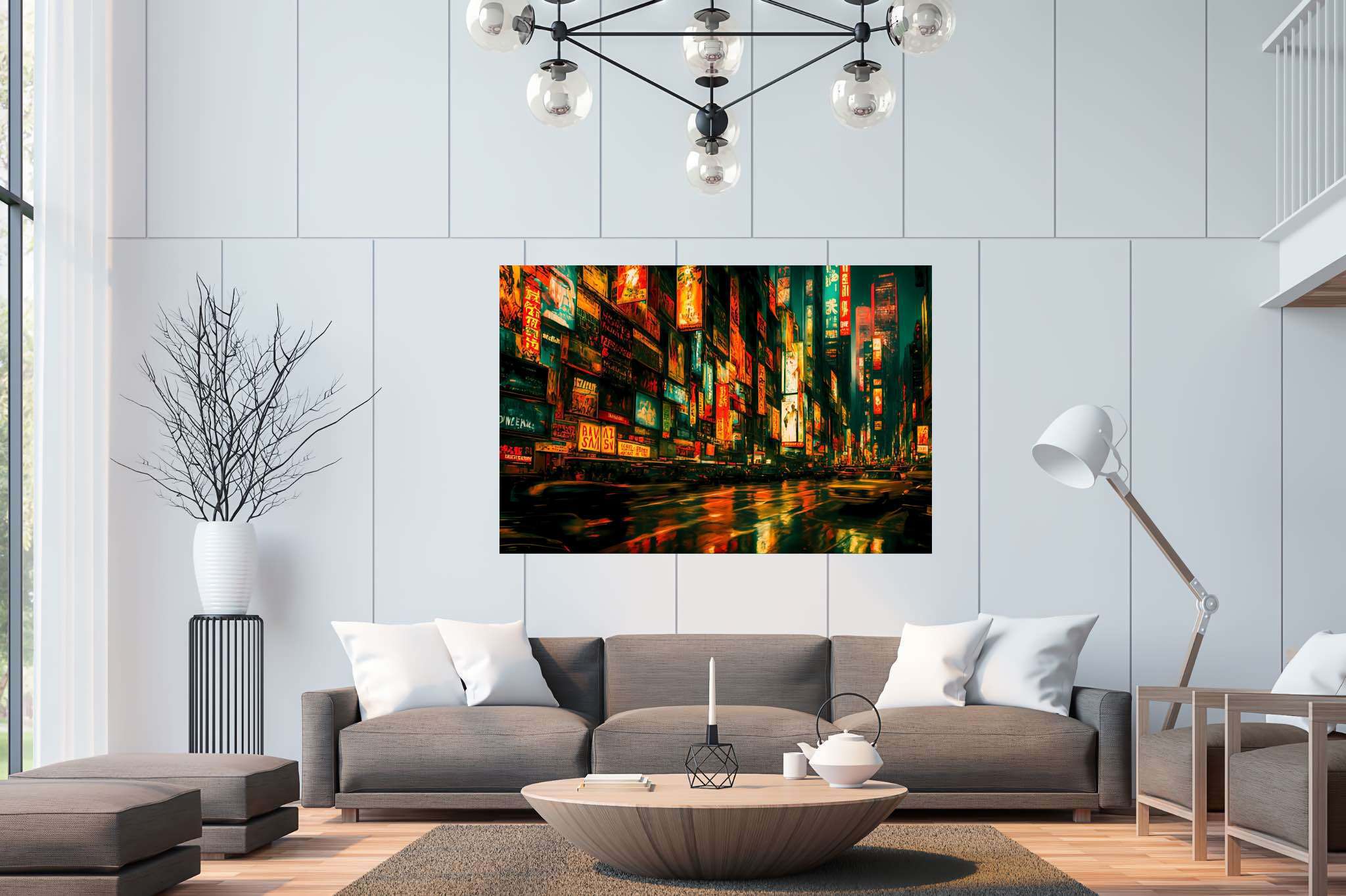 Neon rain serenade: Vibrant city art with lively urban murals, in a room with elegant layout, canvas prints, and artisan decor. The art can be printed on poster, framed poster, canvas, metal, acrylic or wood, exclusively at WallArtZen. Find this exact print at https://wallartzen.com/waz182