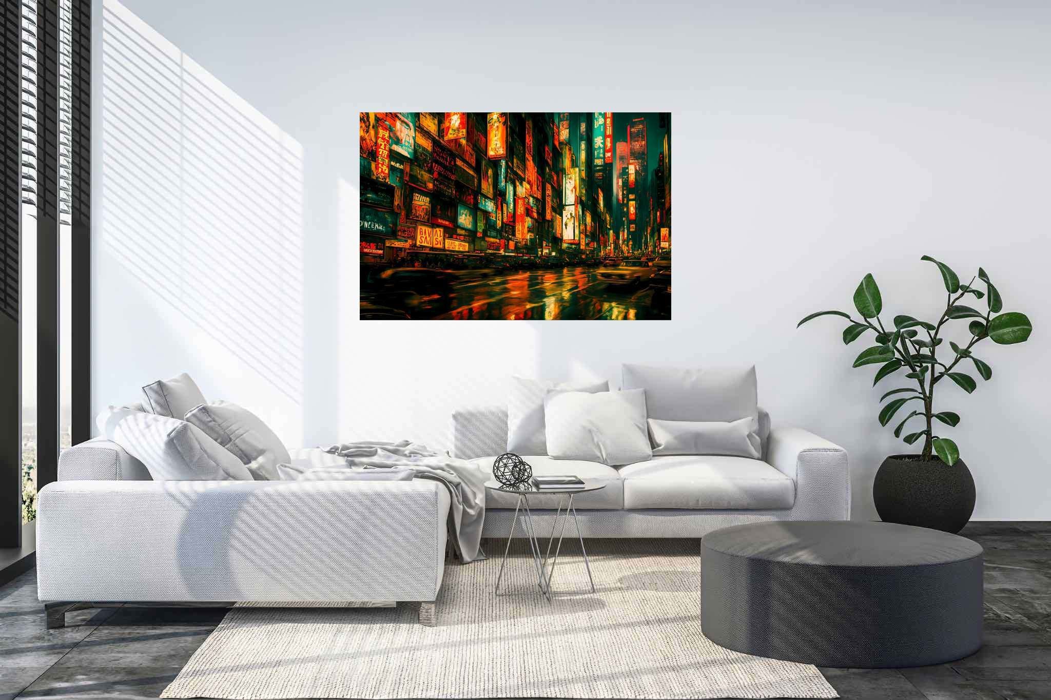 Neon rain serenade: Vibrant city art with bustling city artwork, in a room with urban design, framed art, and interior decorations. The art can be printed on poster, framed poster, canvas, metal, acrylic or wood, exclusively at WallArtZen. Find this exact print at https://wallartzen.com/waz182