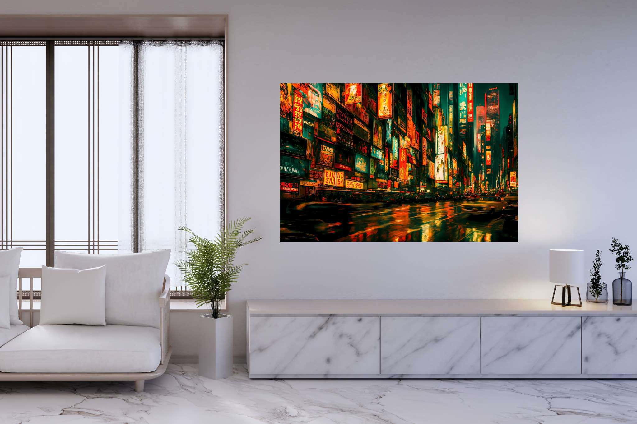 Neon rain serenade: Vibrant city art with vivid metropolitan art, in a room with contemporary flair, fine art prints, and designer furniture. The art can be printed on poster, framed poster, canvas, metal, acrylic or wood, exclusively at WallArtZen. Find this exact print at https://wallartzen.com/waz182