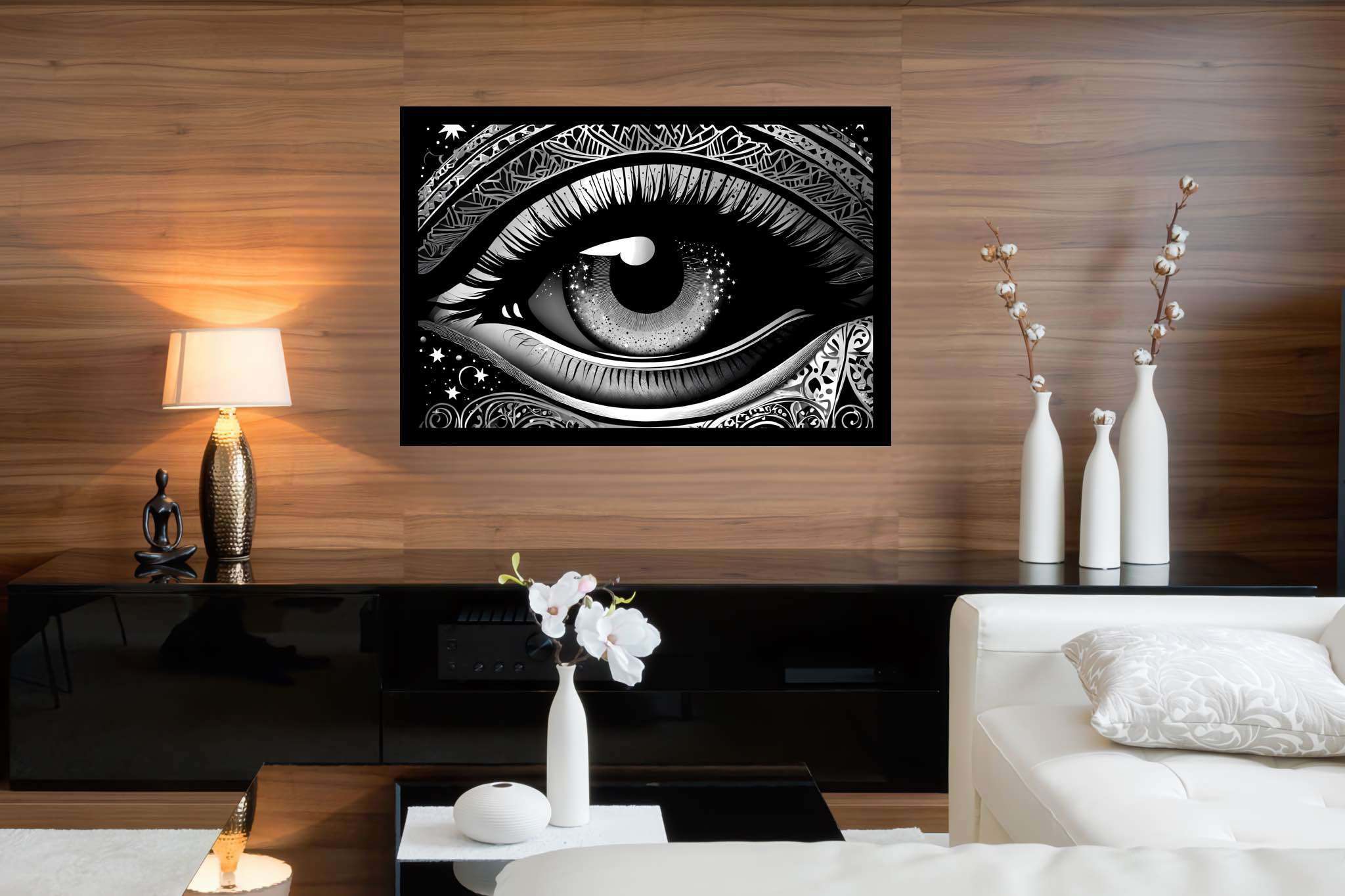 Stargazer's glimpse: Star-filled eye art with cosmic illustrations, in a room with elegant layout, gallery-quality artwork, and decorative pieces. The art can be printed on poster, framed poster, canvas, metal, acrylic or wood, exclusively at WallArtZen. Find this exact print at https://wallartzen.com/waz183