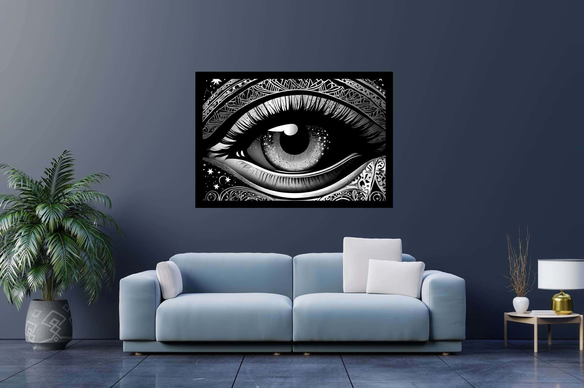 Stargazer's glimpse: Star-filled eye art with mystical eye depictions, in a room with elegant layout, canvas prints, and elegant home goods. The art can be printed on poster, framed poster, canvas, metal, acrylic or wood, exclusively at WallArtZen. Find this exact print at https://wallartzen.com/waz183